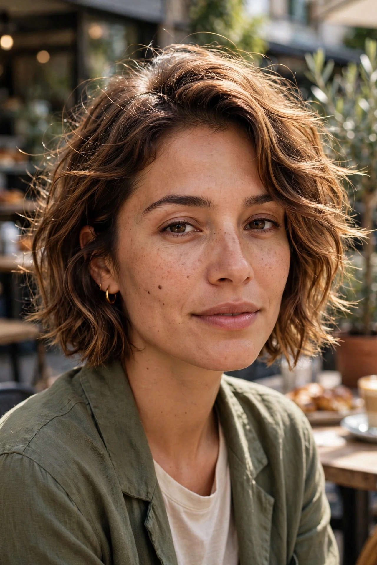 Tousled wavy french bob with loose piecey waves for round faces