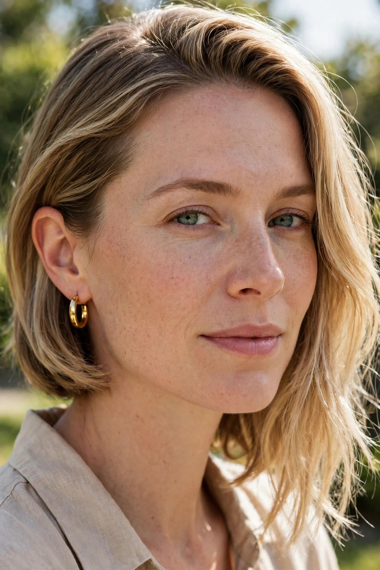 French bob tucked behind one ear creating asymmetry for a round face
