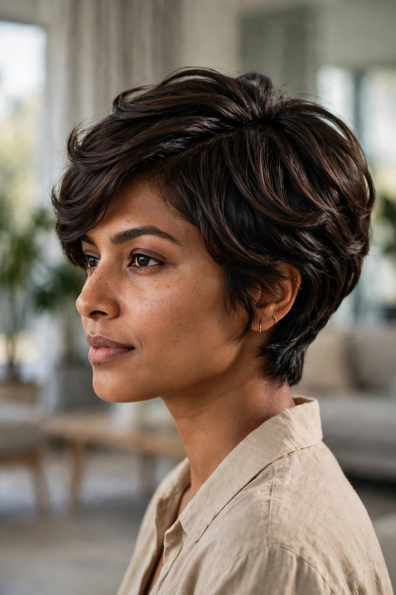 Rich espresso brown bixie cut with glossy depth on a South Asian woman
