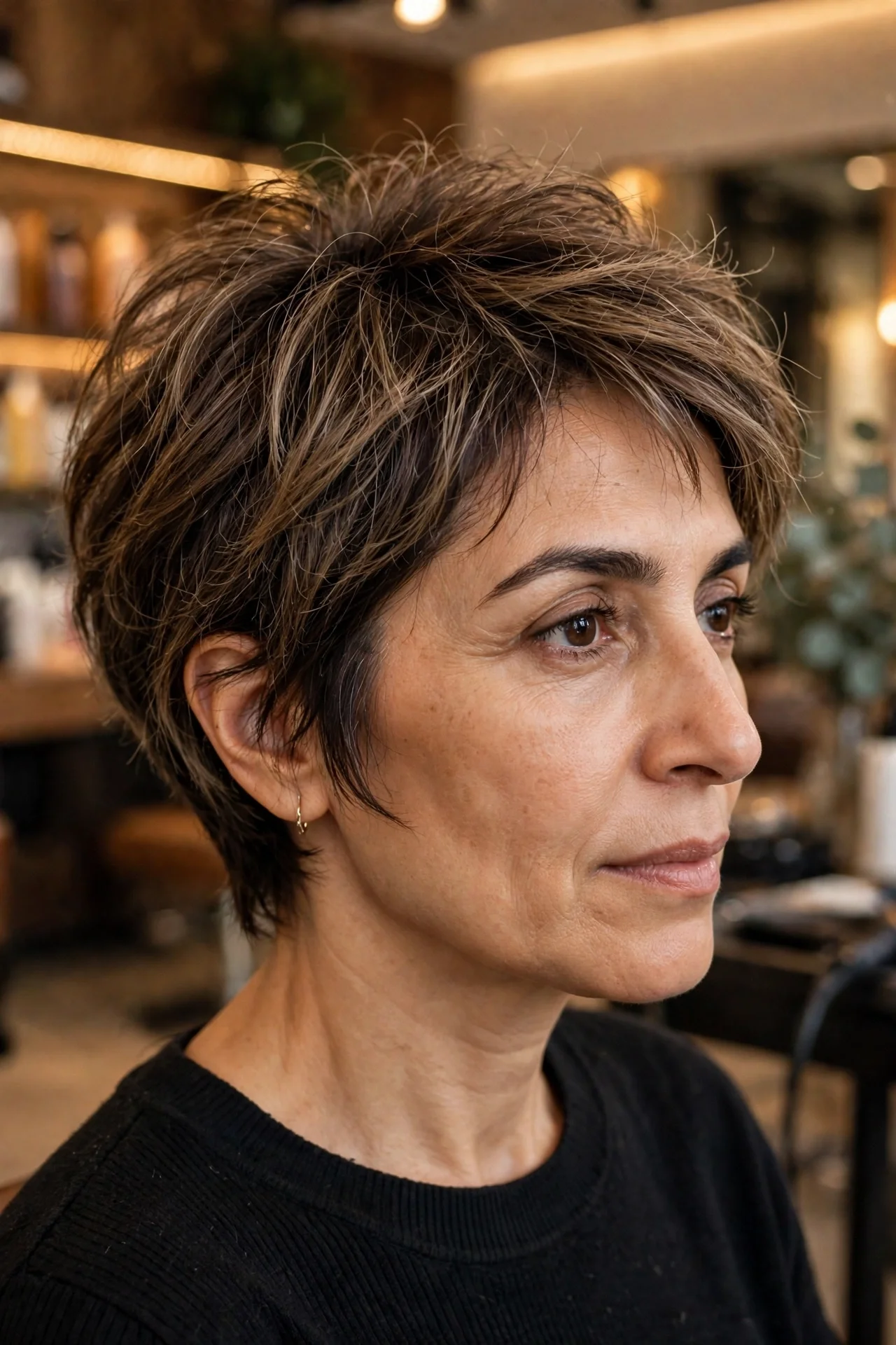 Middle Eastern woman in her 40s with fine dark brown hair and a subtle root shadow bixie