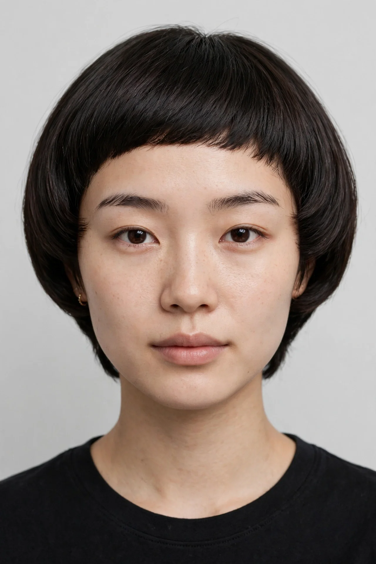 Young East Asian woman with fine dark hair in a rounded bowl-edge bixie