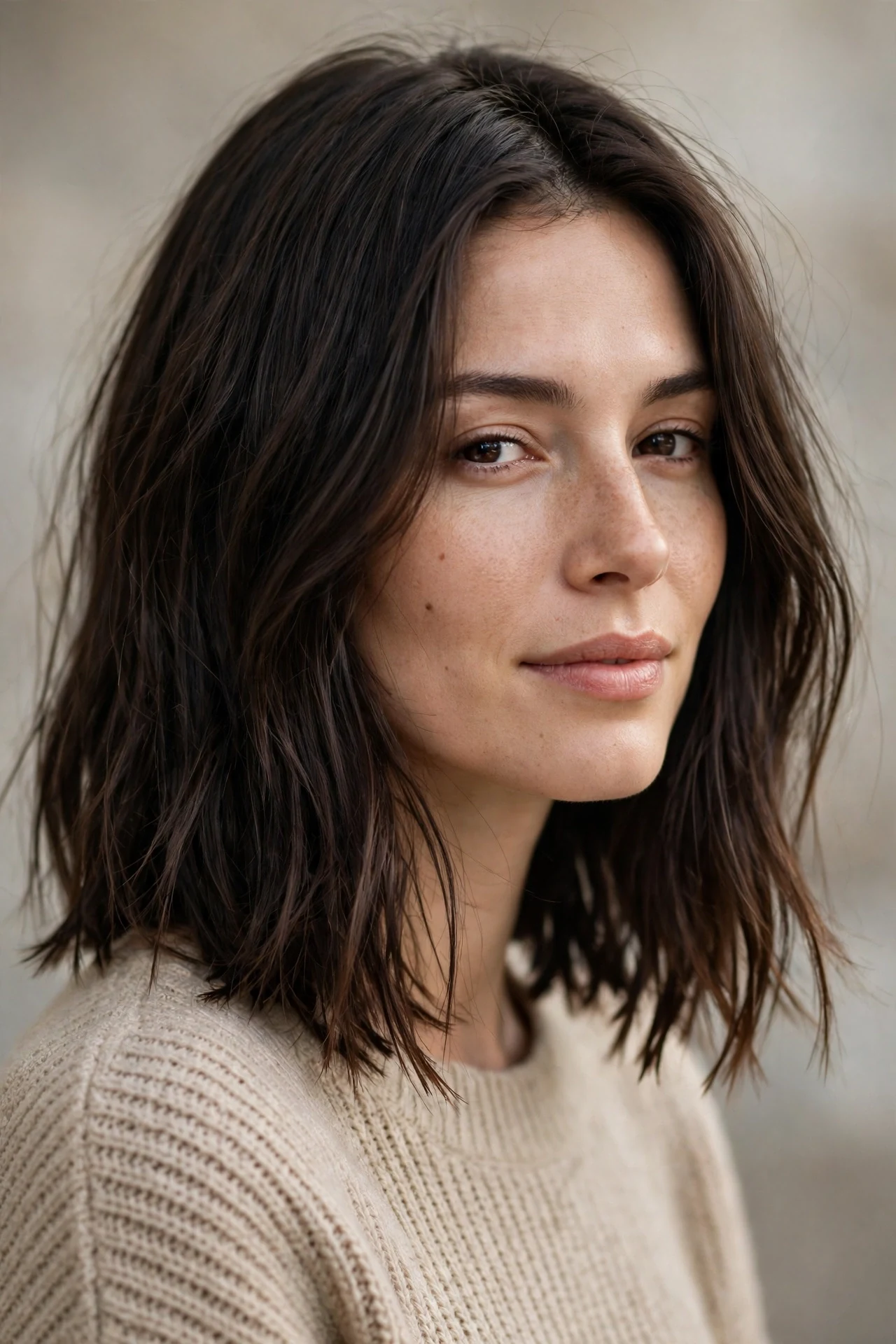 Long ripped bob at collarbone length with piece-y ends