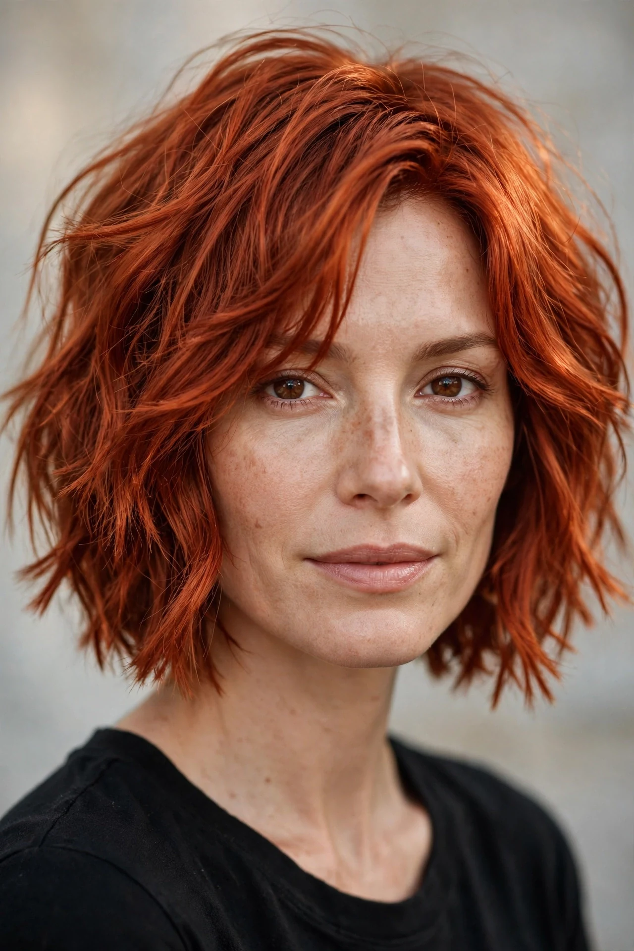 Ripped bob in a warm copper shade with textured ends