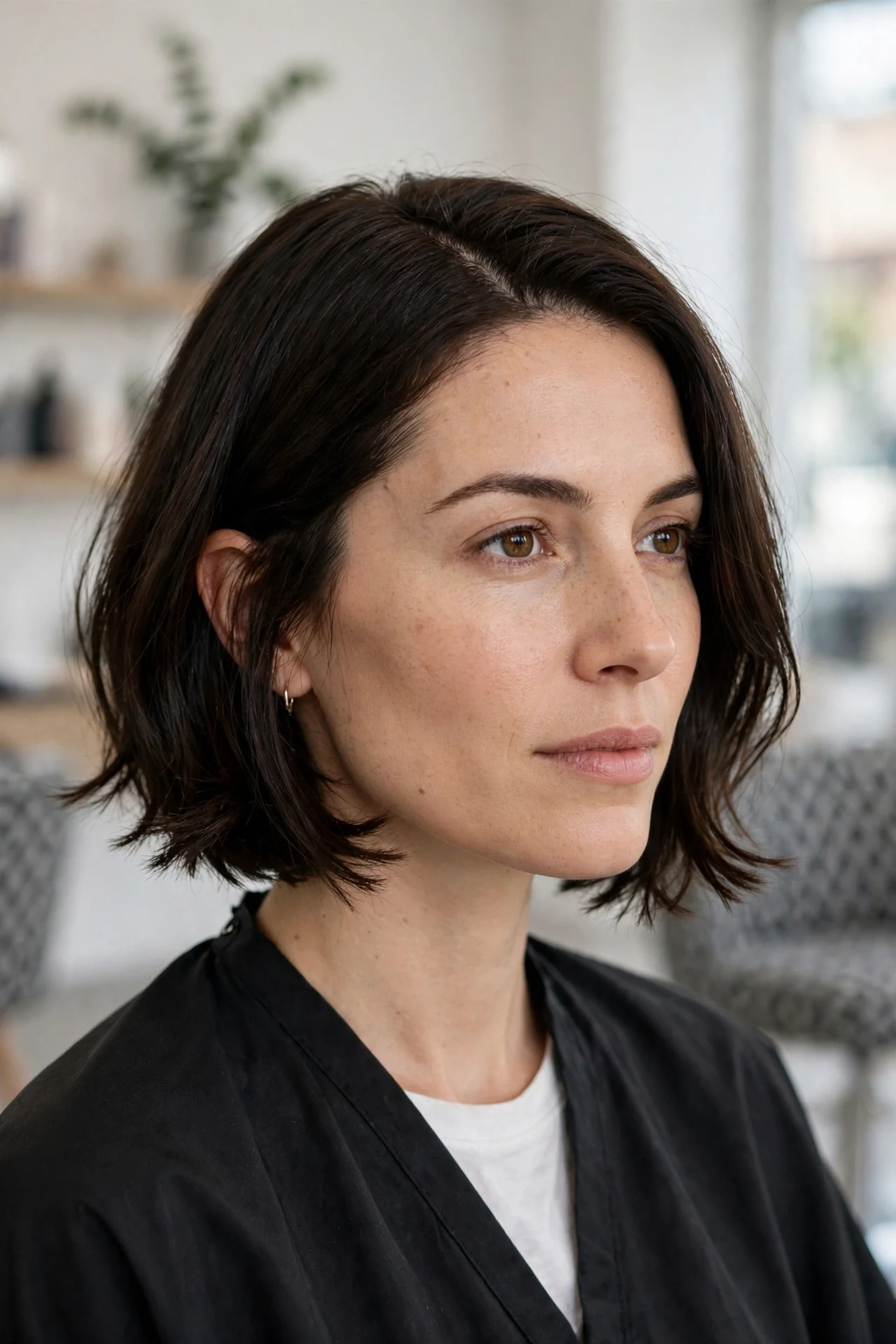 Classic razor bob haircut with feathered ends and a side part