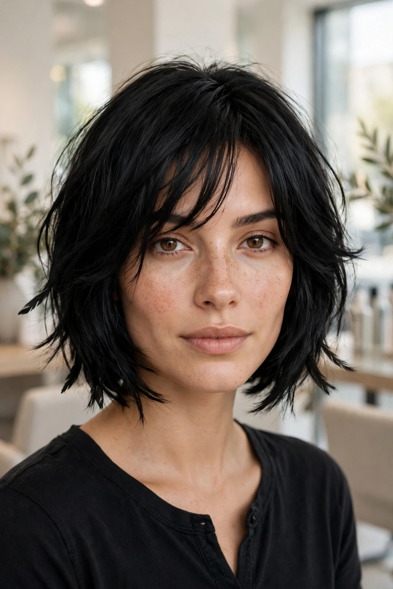 Feathered razor bob with soft wispy layers framing the face