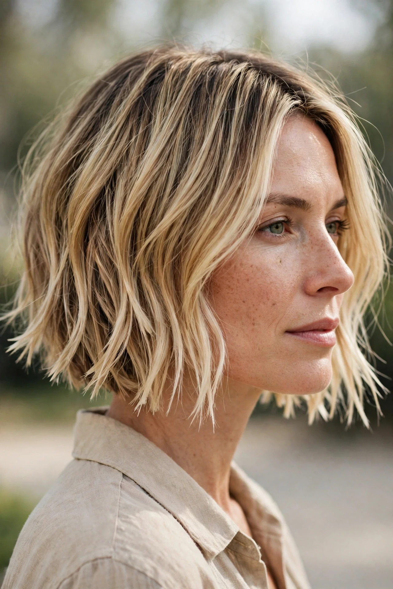 Blonde balayage razor bob with dimension and feathered ends