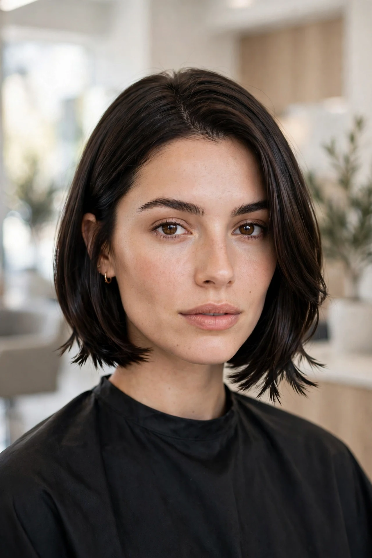 Sleek brunette razor bob with a glossy finish and feathered ends