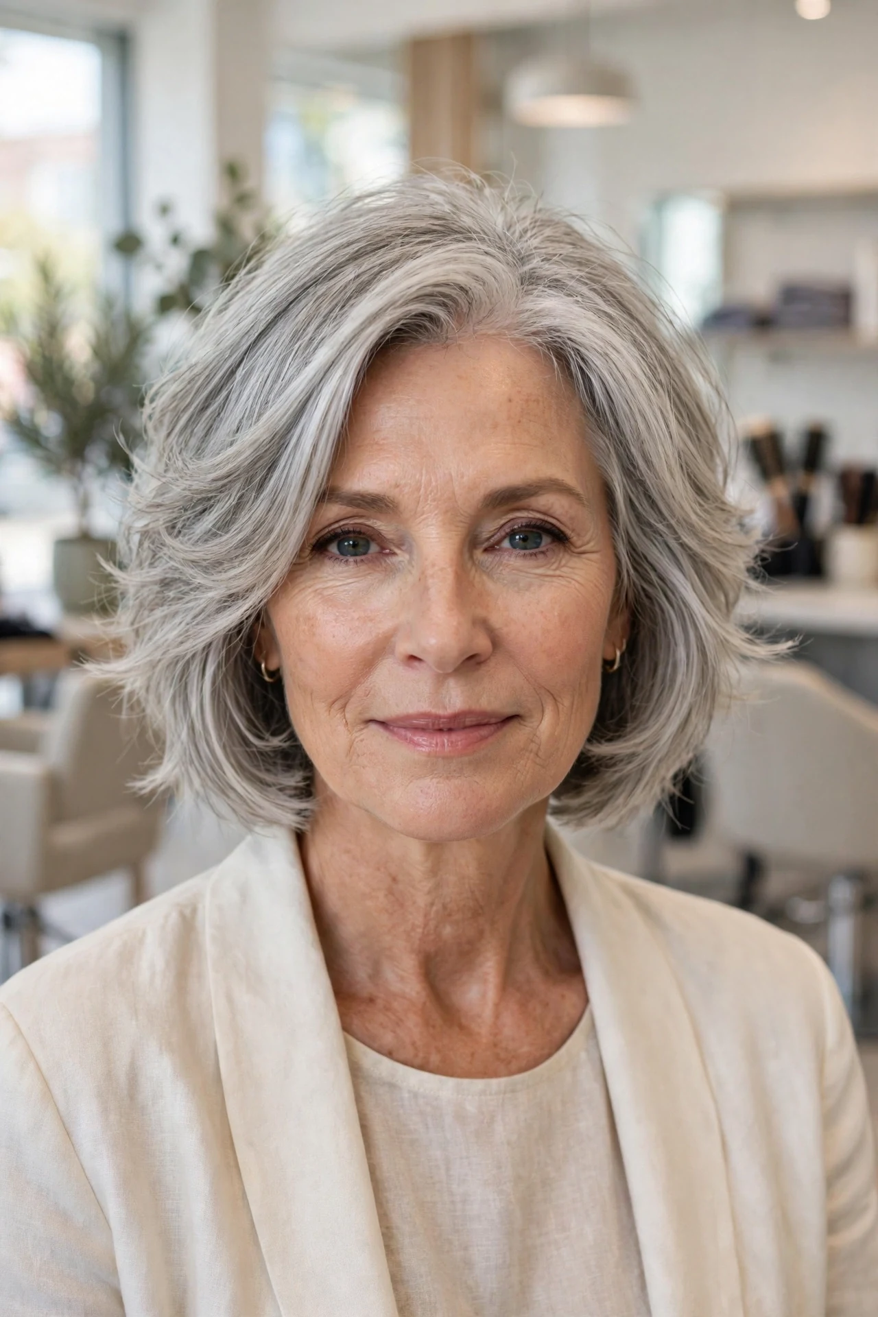 Soft razor bob over 50 with feathered layers and gentle volume