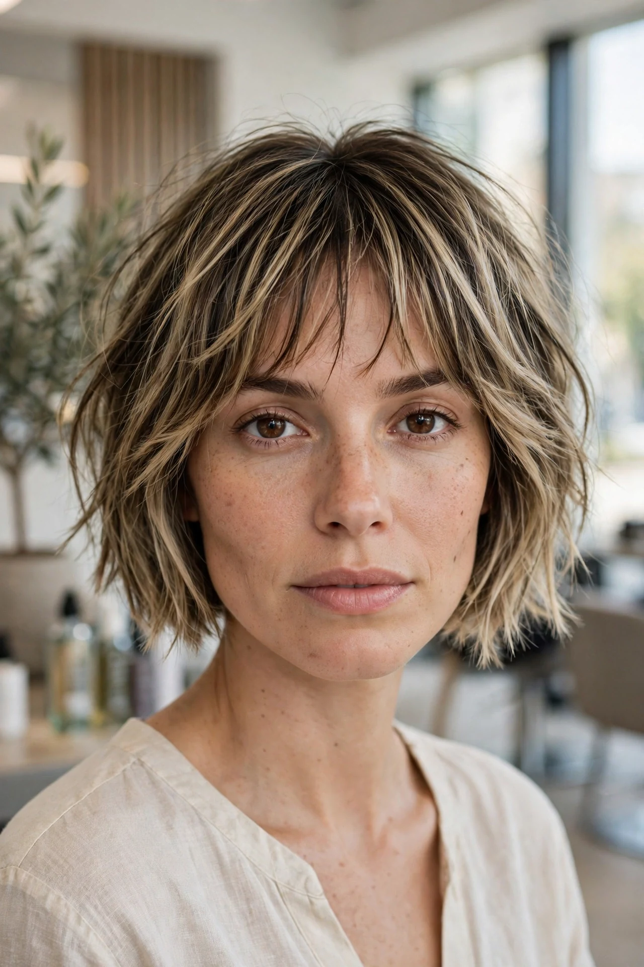 Razor bob with wispy feathered bangs and piece-y ends