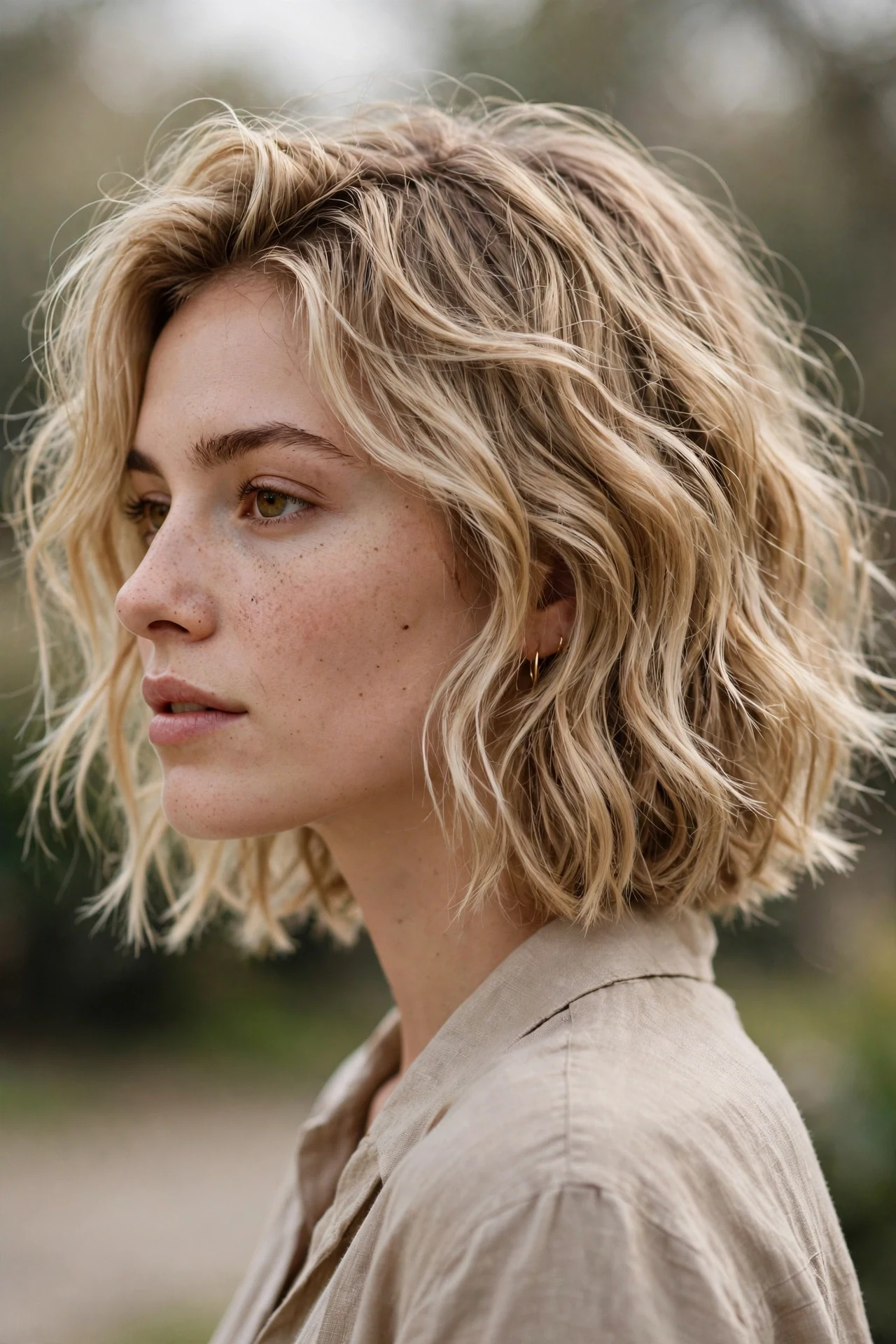 Wavy razor bob with loose beachy waves and feathered ends