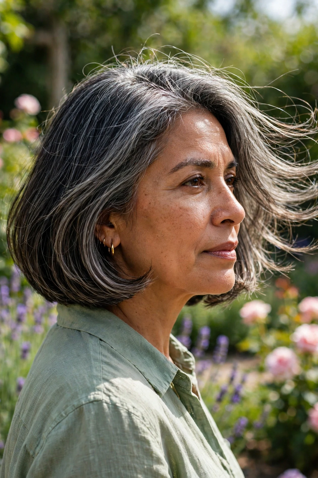 salt and pepper italian bob with soft layers on a woman in her 50s