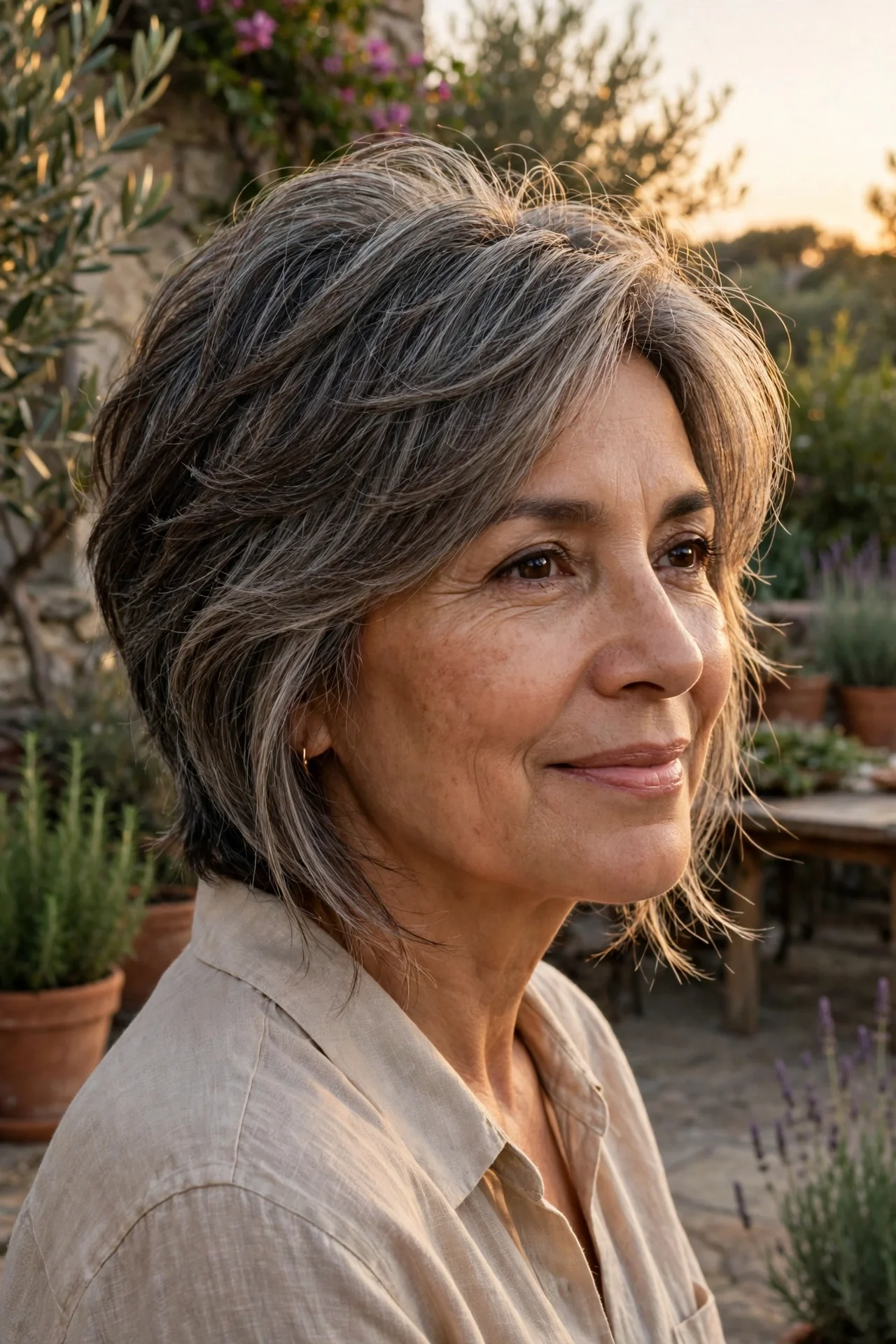 Woman in her 50s with a salt-and-pepper layered bixie
