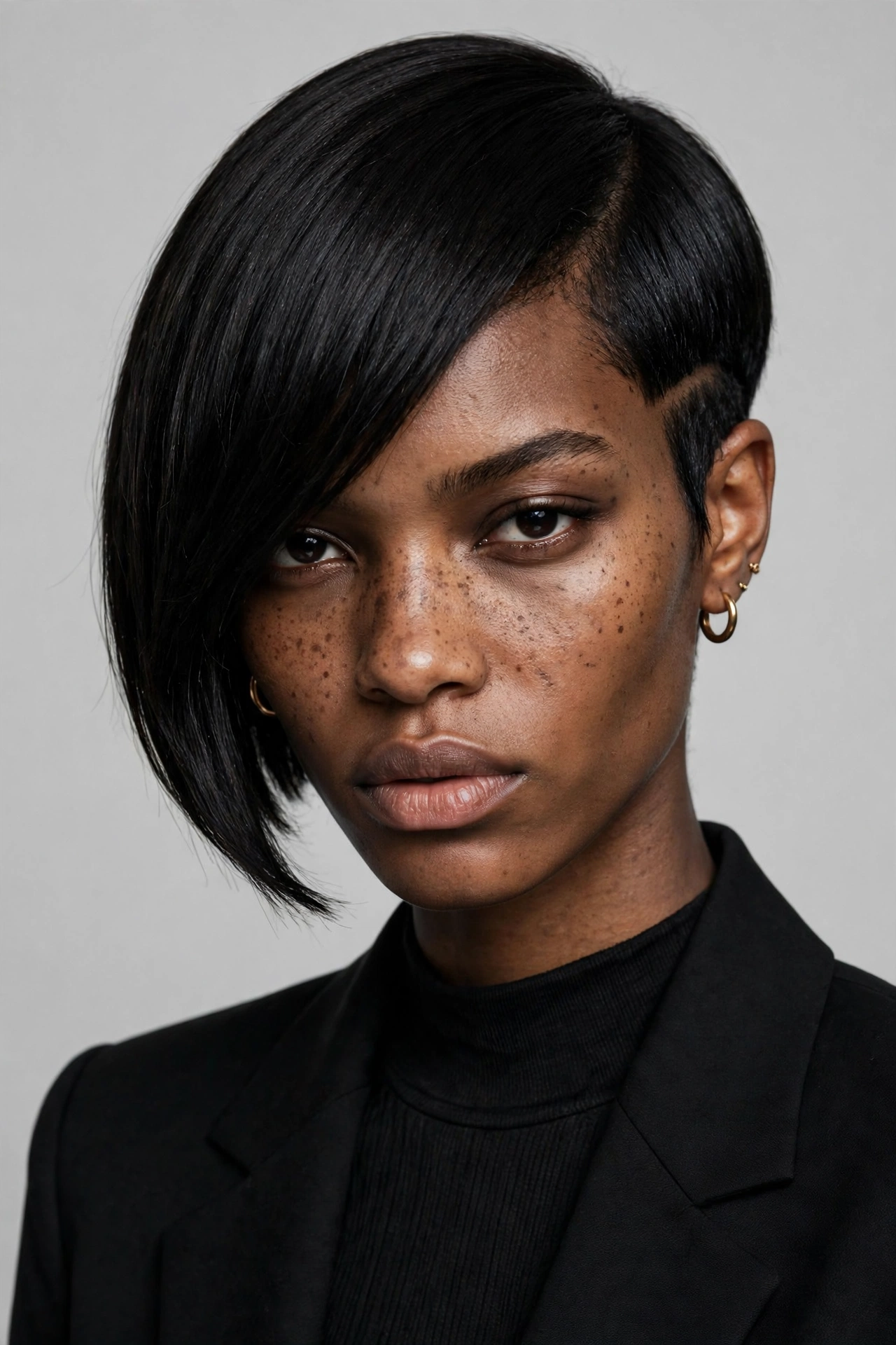 A Black woman with an asymmetrical short bob, longer on one side