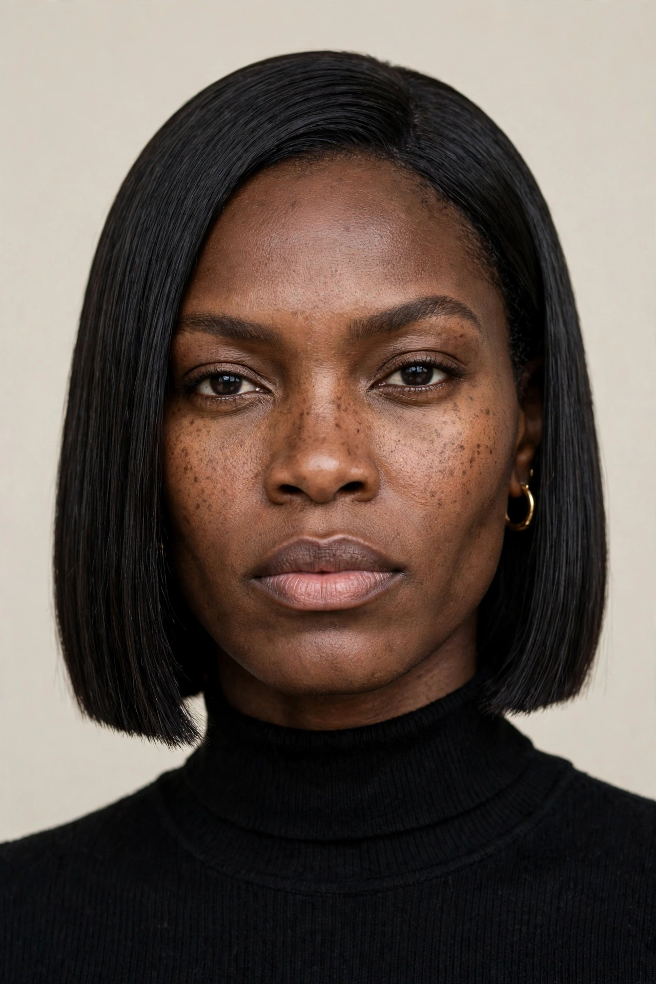A Black woman with a blunt chin length bob, sharp straight ends