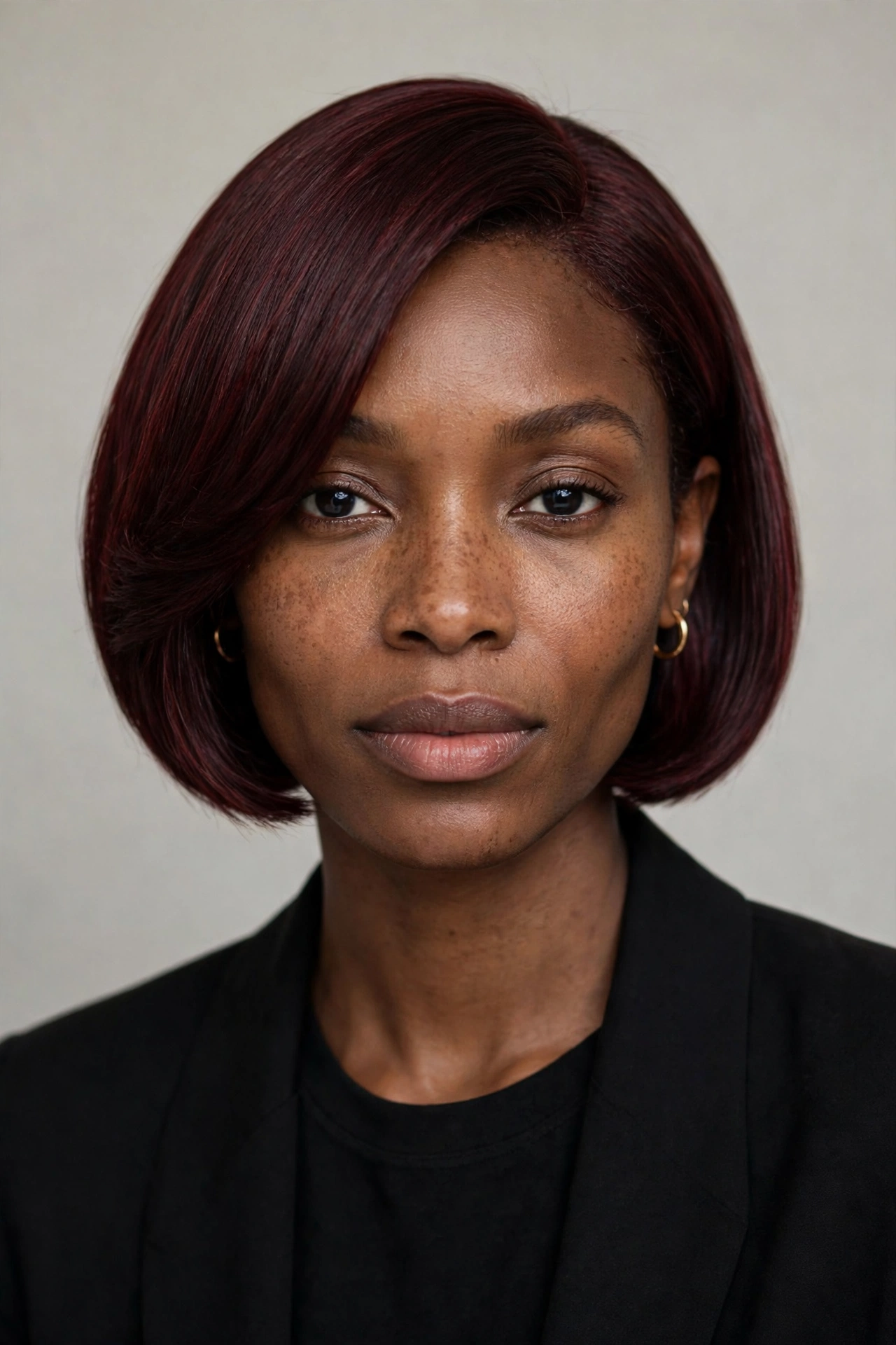 A Black woman with a short bob in deep burgundy wine color