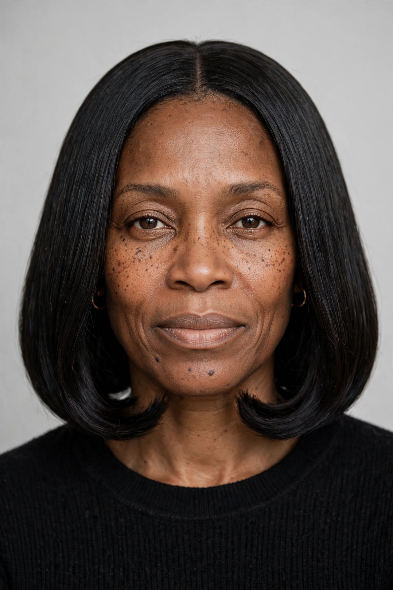 A Black woman with a classic jaw length short bob, sleek straight glossy hair