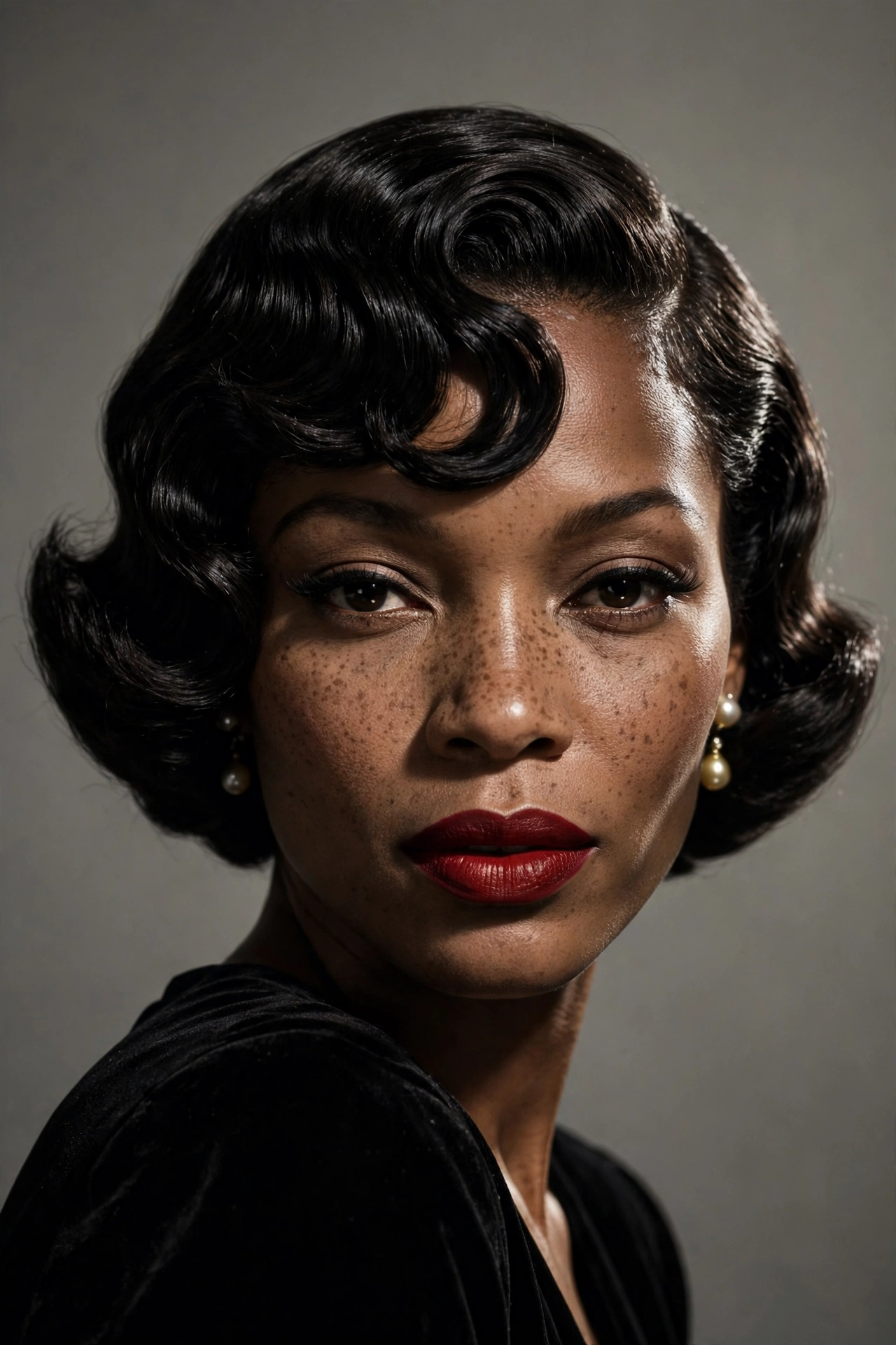 A Black woman with a vintage finger wave short bob, sculpted waves