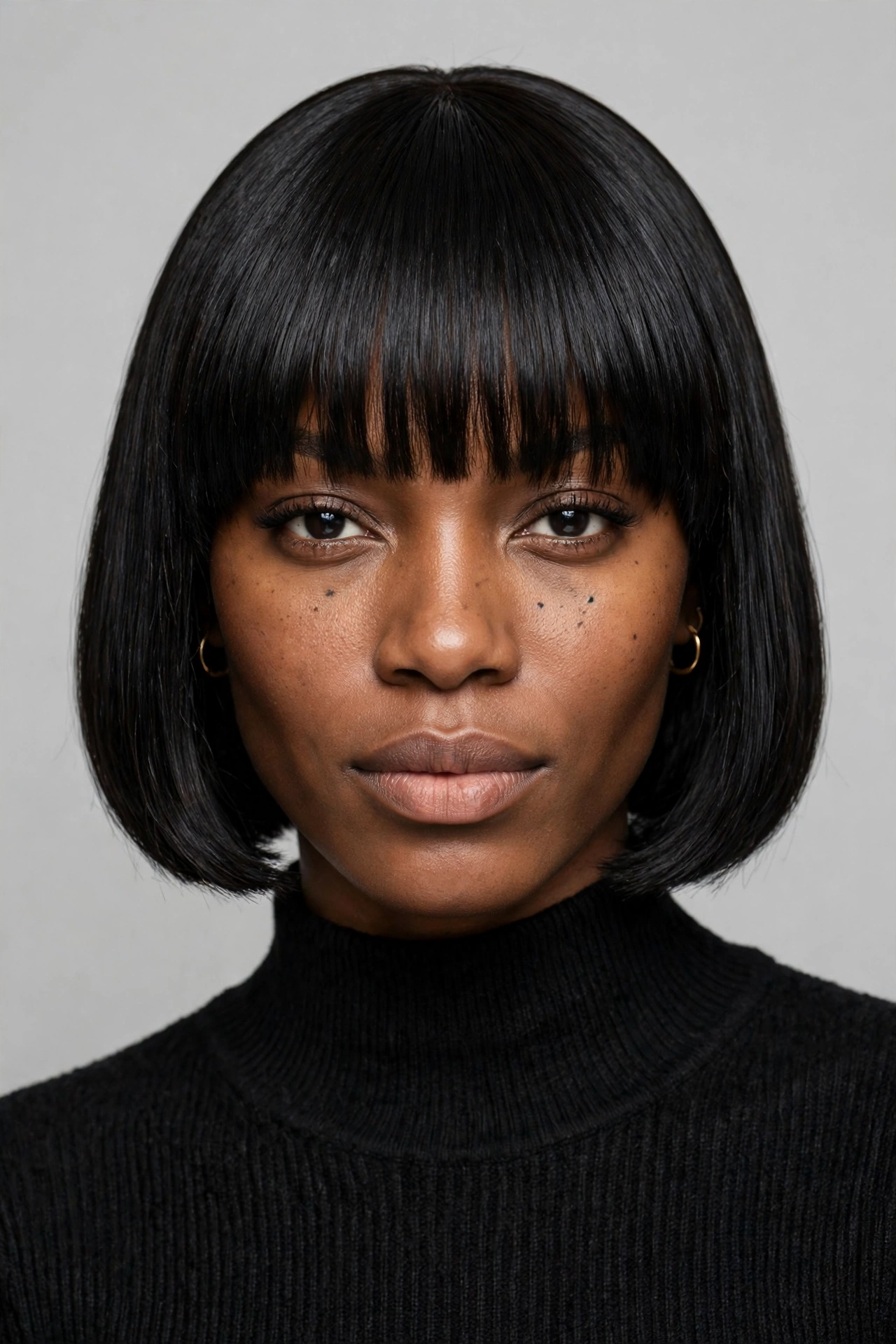 A Black woman with a short bob and full straight bangs across the forehead