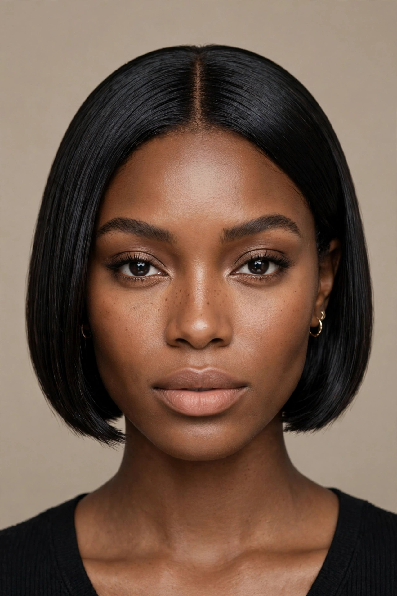 A Black woman with a sleek middle part short bob, pin straight shiny hair