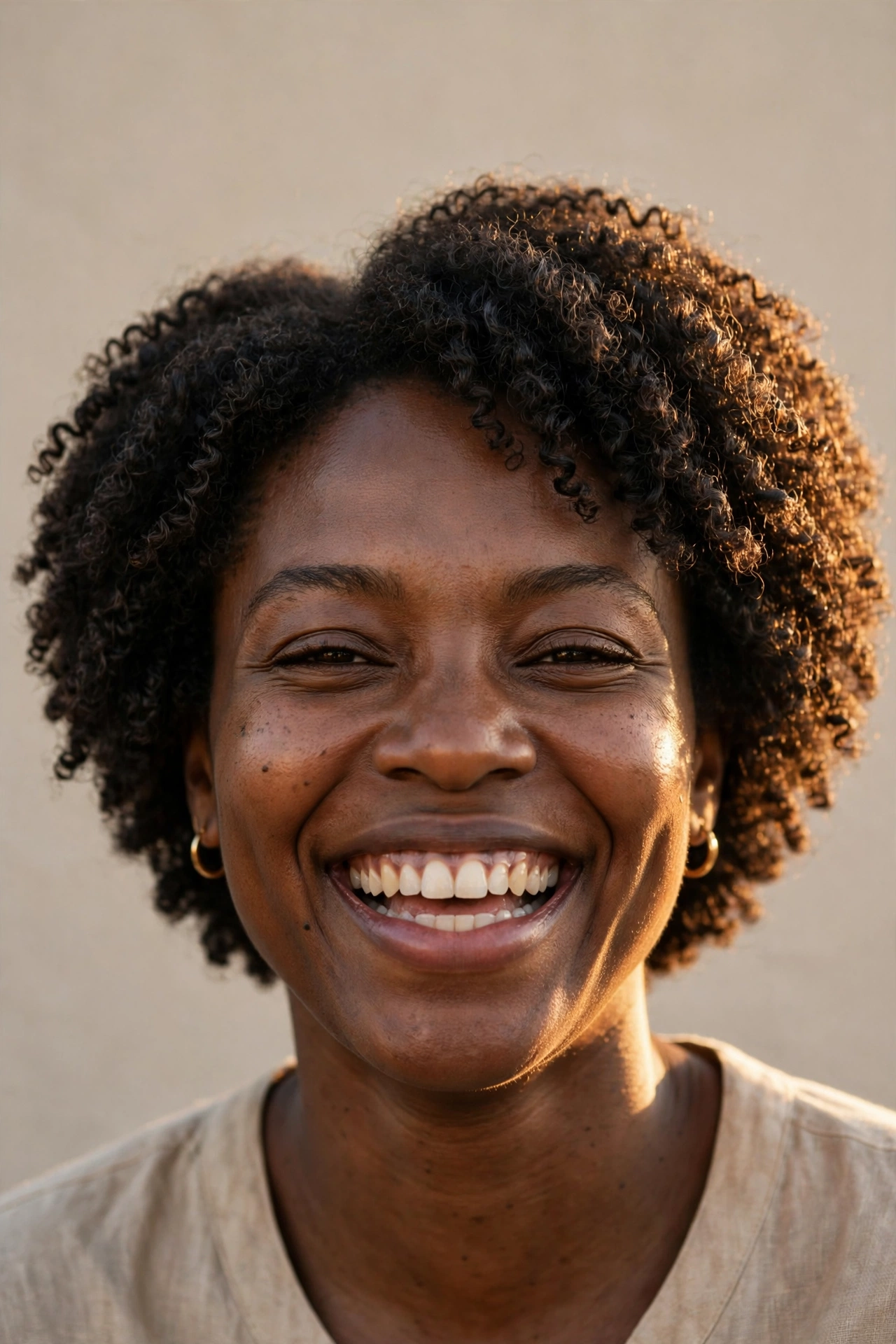 A Black woman with a short curly bob, defined natural coils with volume