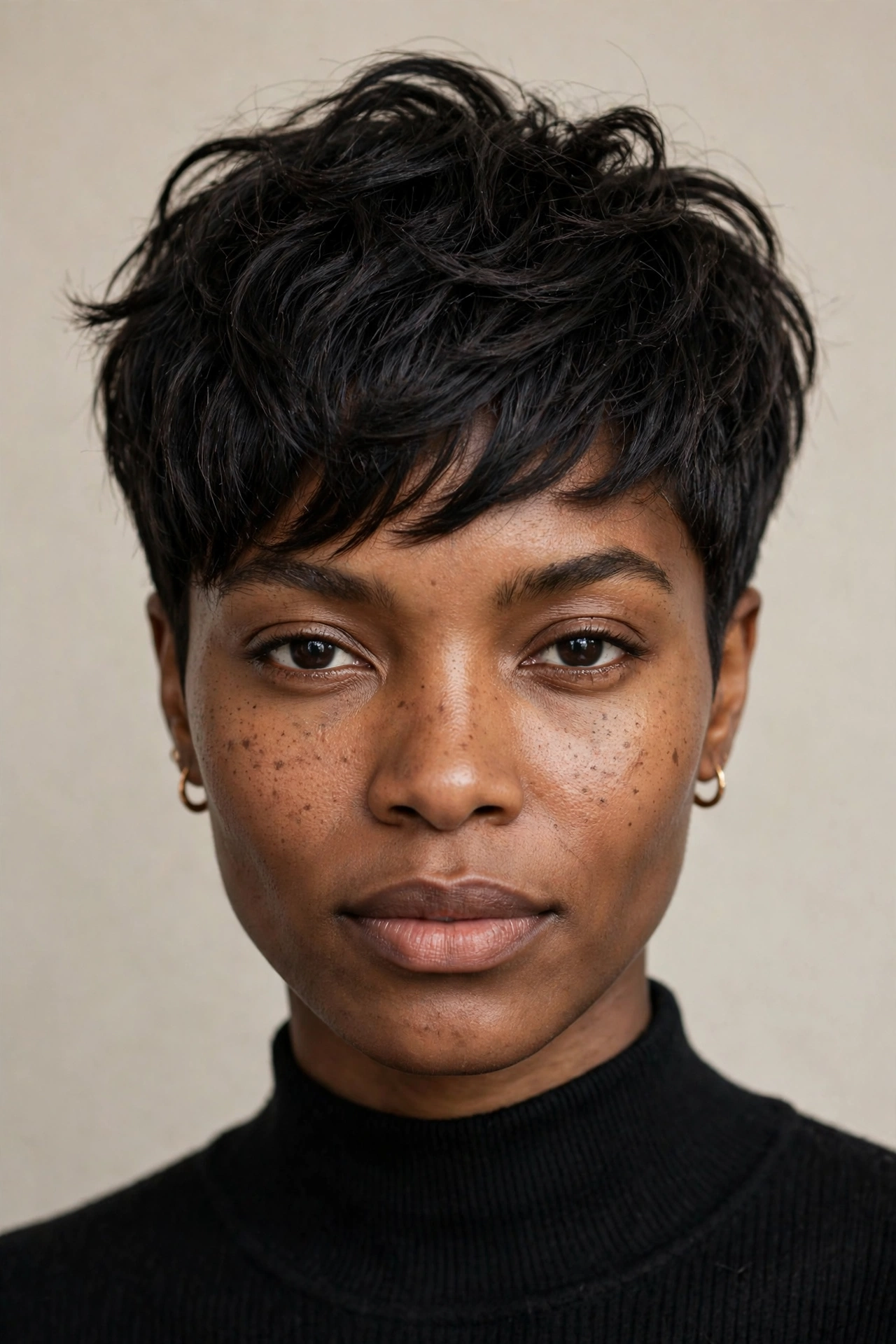 A Black woman with a pixie bob blend haircut, short tapered with longer top