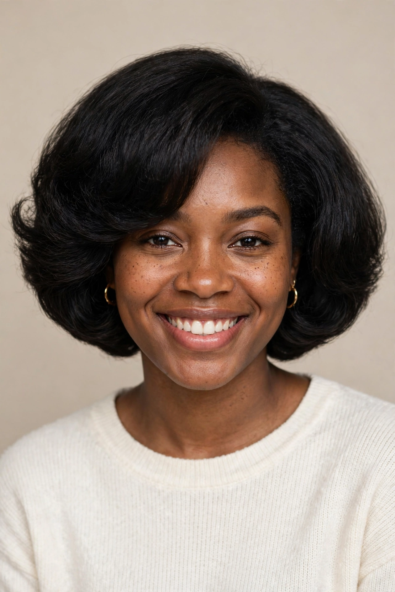A Black woman with a rounded voluminous short bob, soft full shape