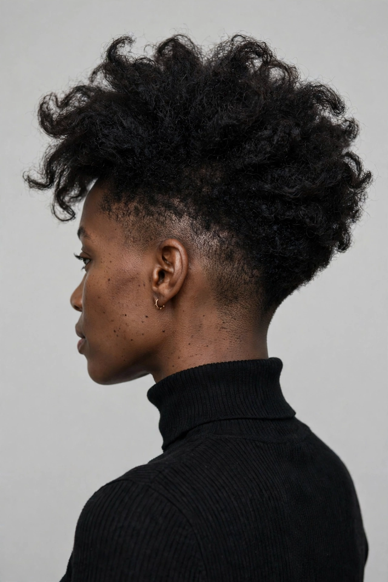 A Black woman with a tapered short bob, closely cut nape with full volume on top