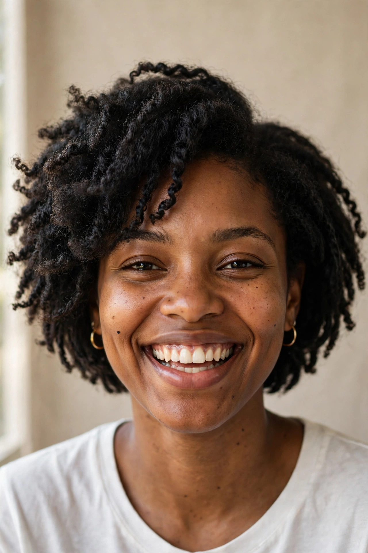 A Black woman with a twist out styled short bob, defined texture