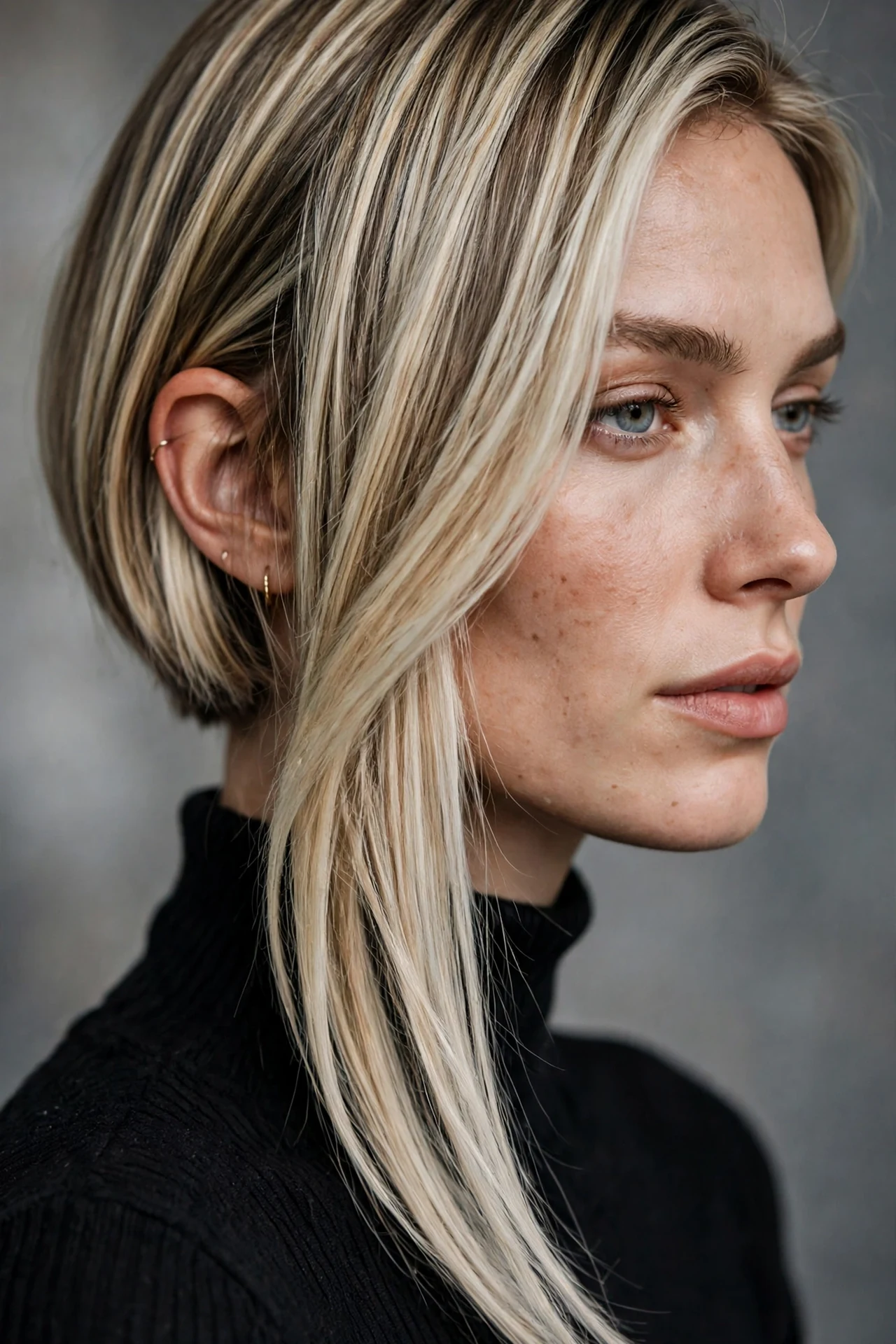 Asymmetric angled bob, one front piece longer than the other