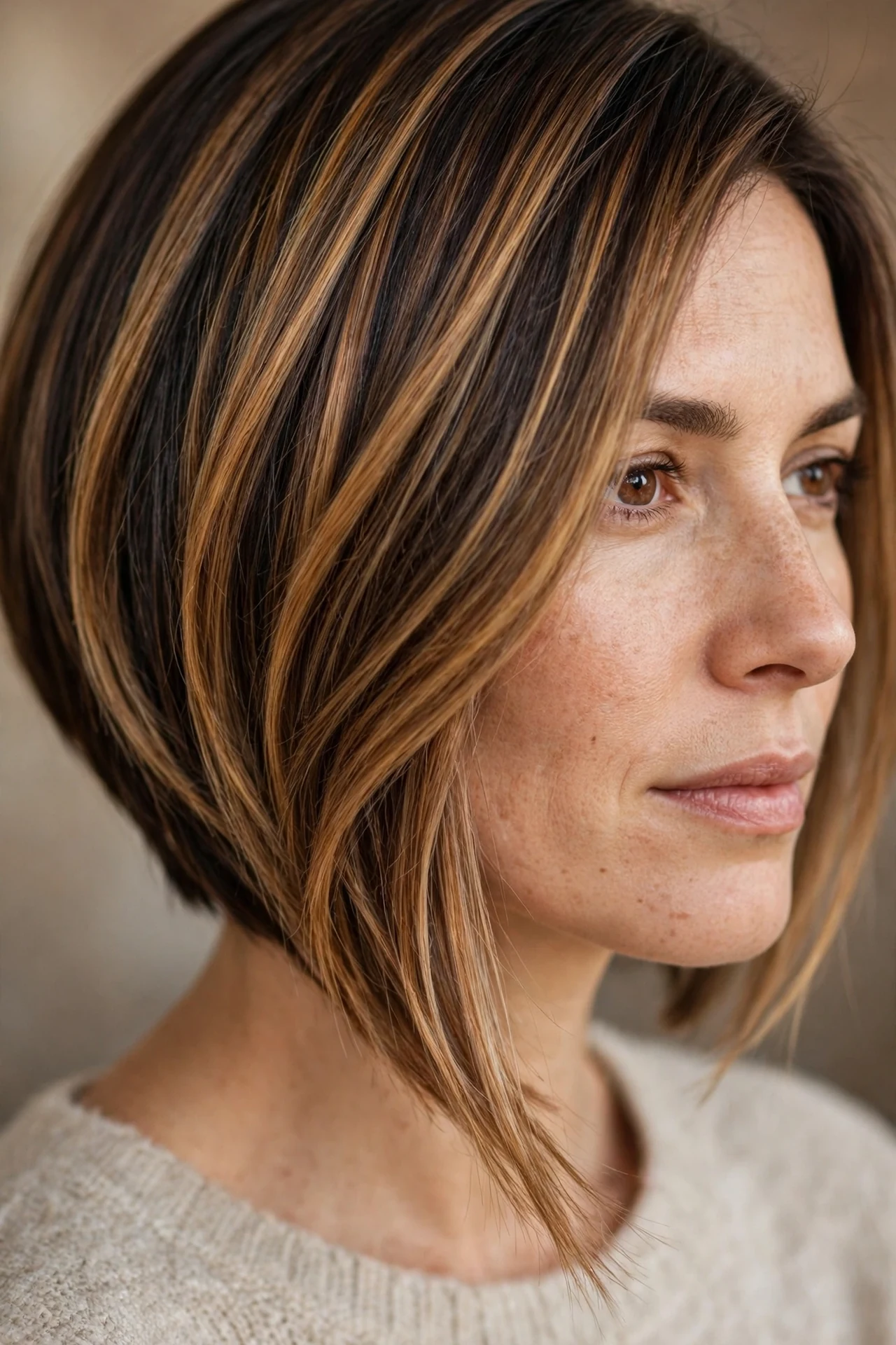 Angled bob with caramel balayage highlights following the slope