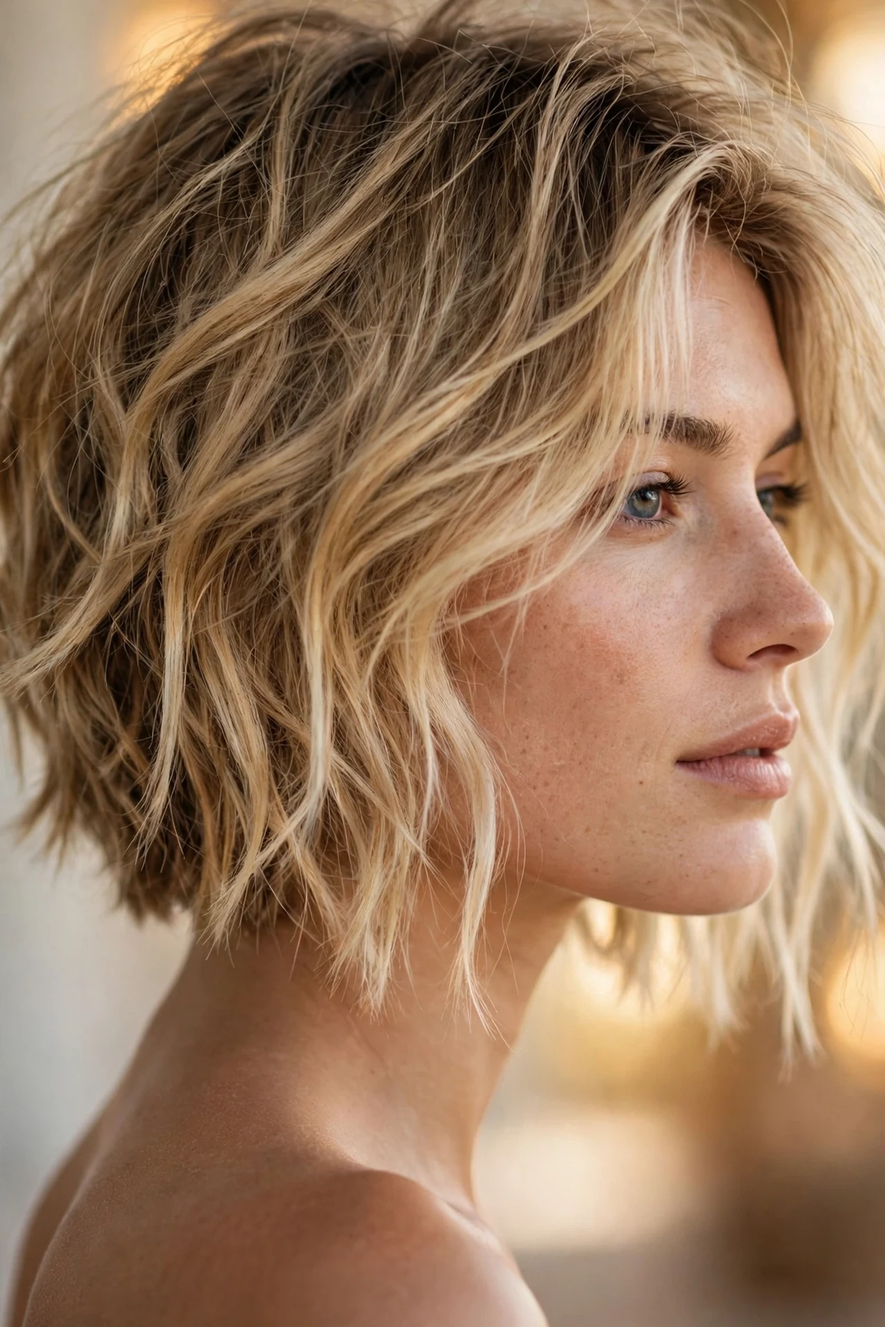 Tousled beachy angled bob with sun kissed texture