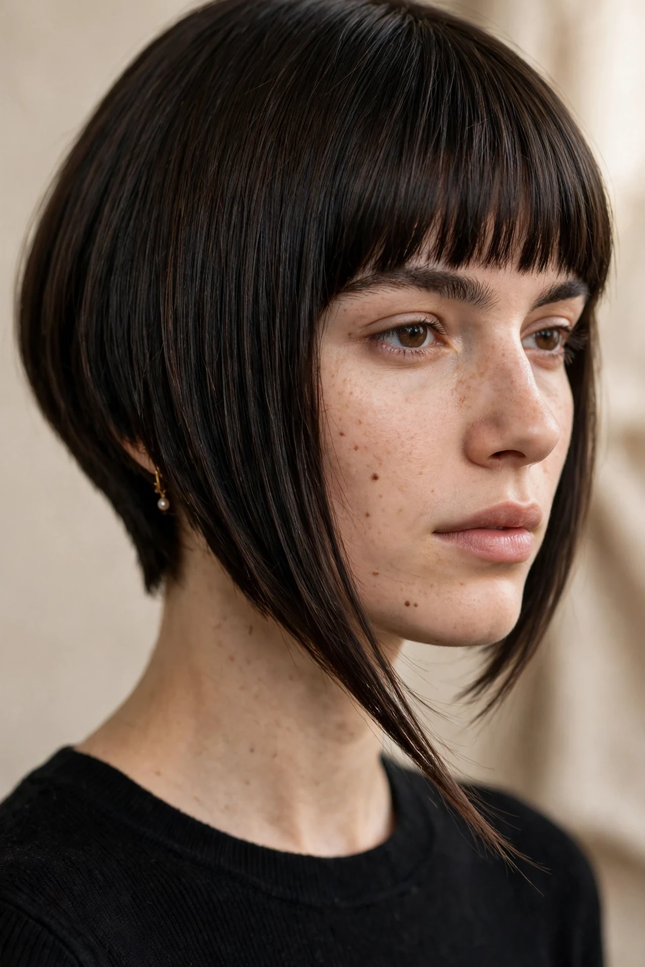 Angled bob with blunt straight across bangs