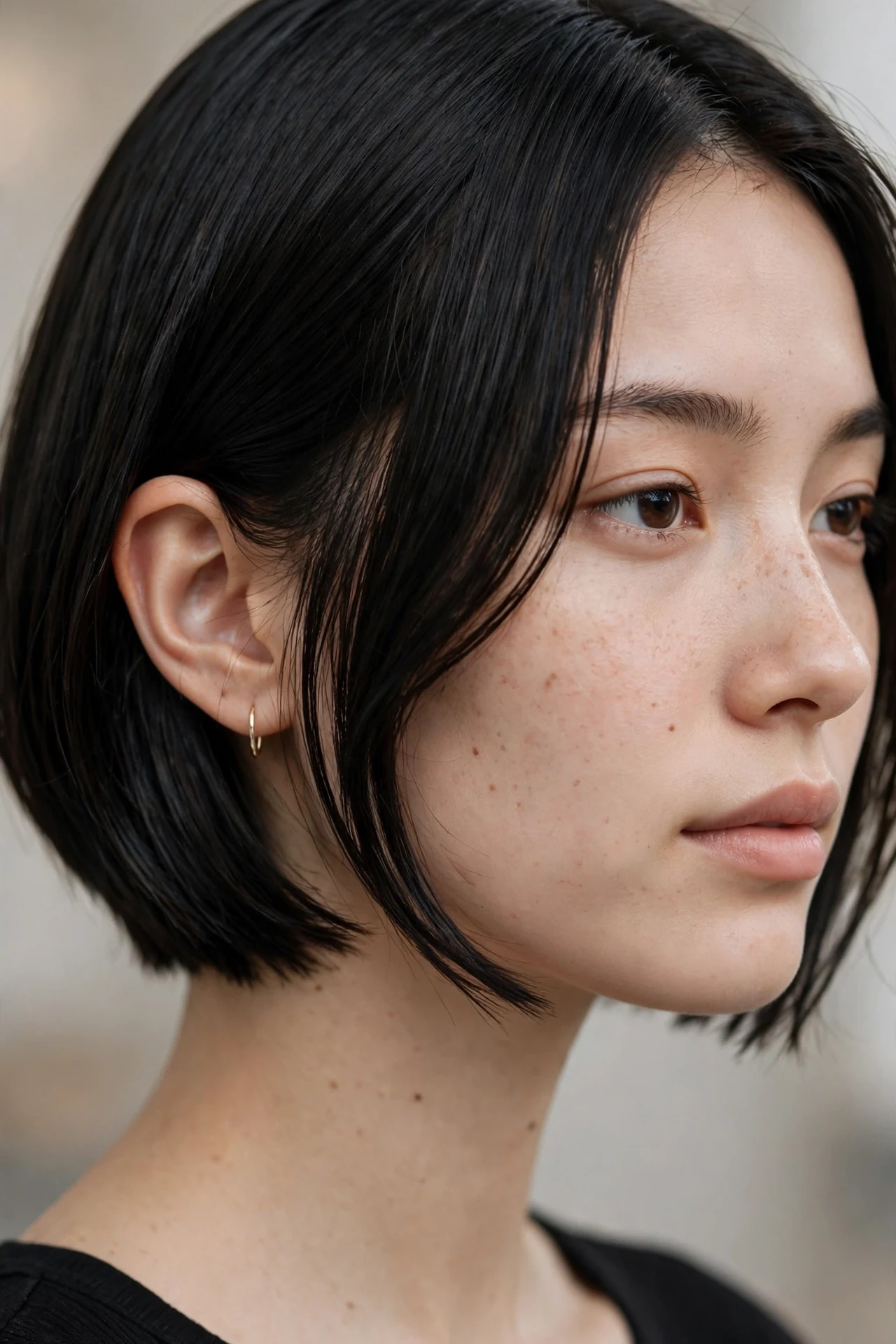 Chin length short angled bob, compact and chic