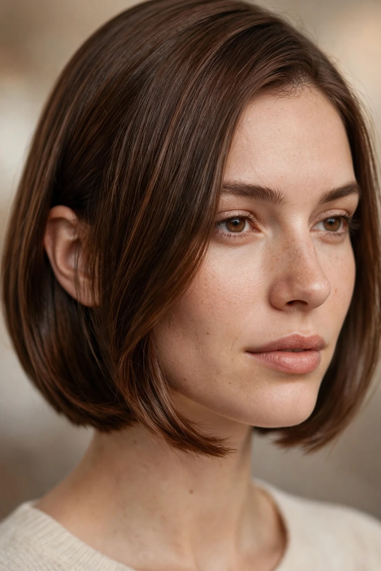 Classic short back long front bob with a subtle angle, chestnut brown hair