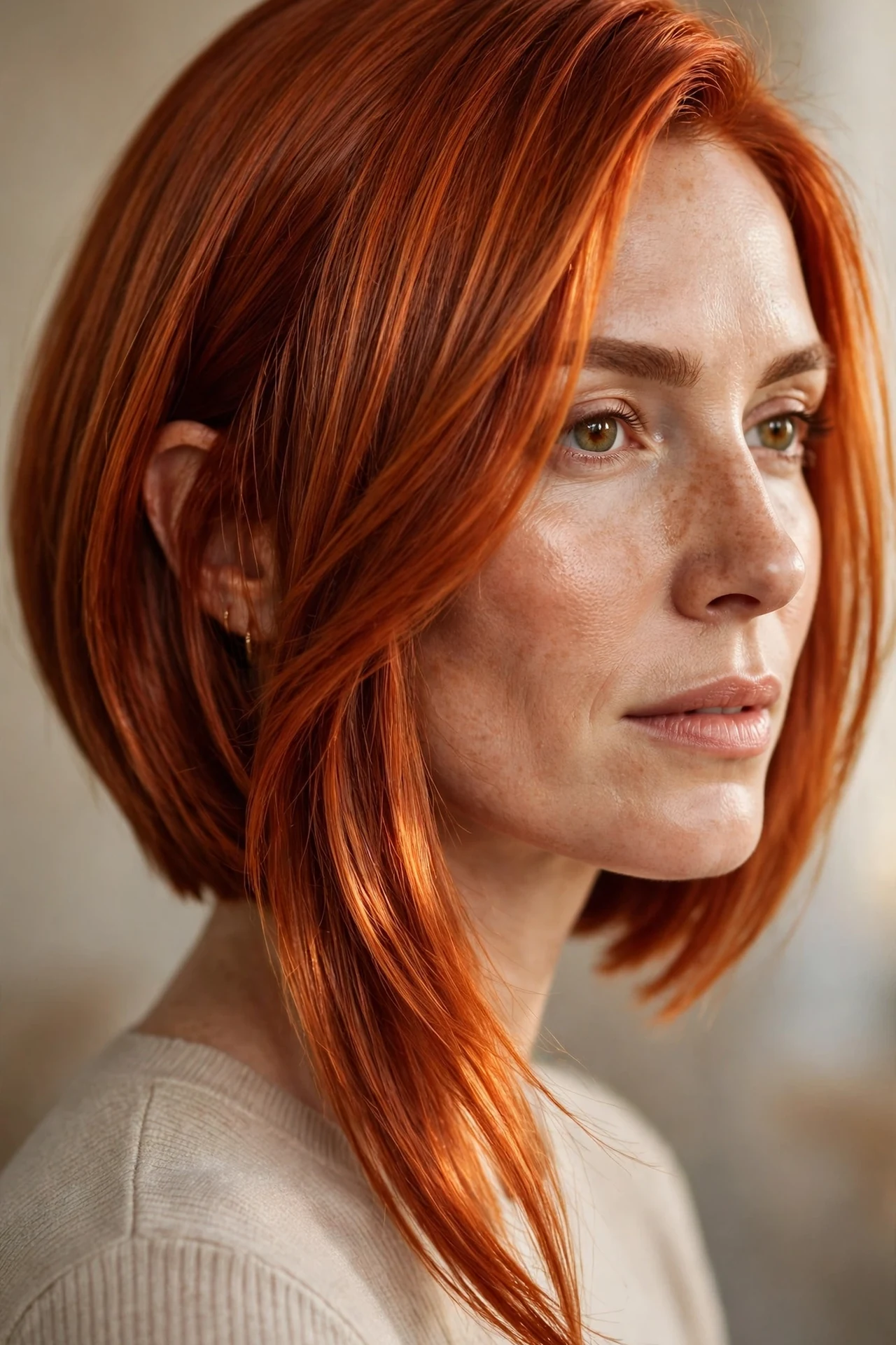 Copper red angled bob with rich dimensional shine