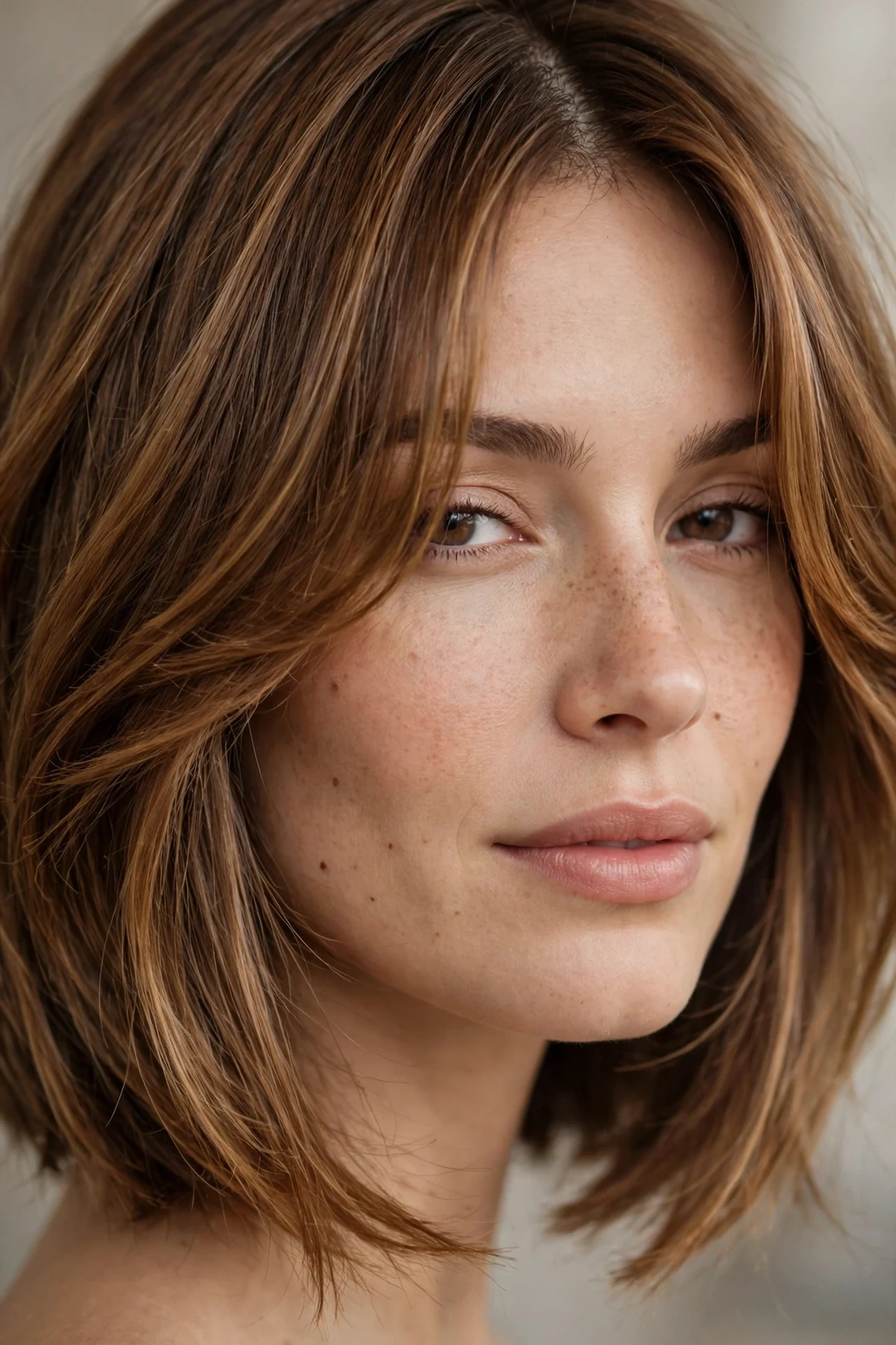 Angled bob with curtain bangs parted in the middle