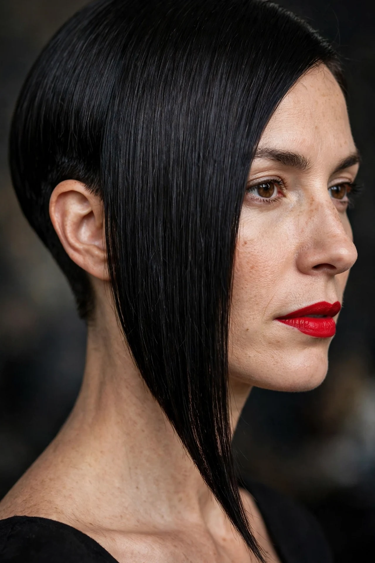 Dramatic angled bob, very short stacked back with long front pieces