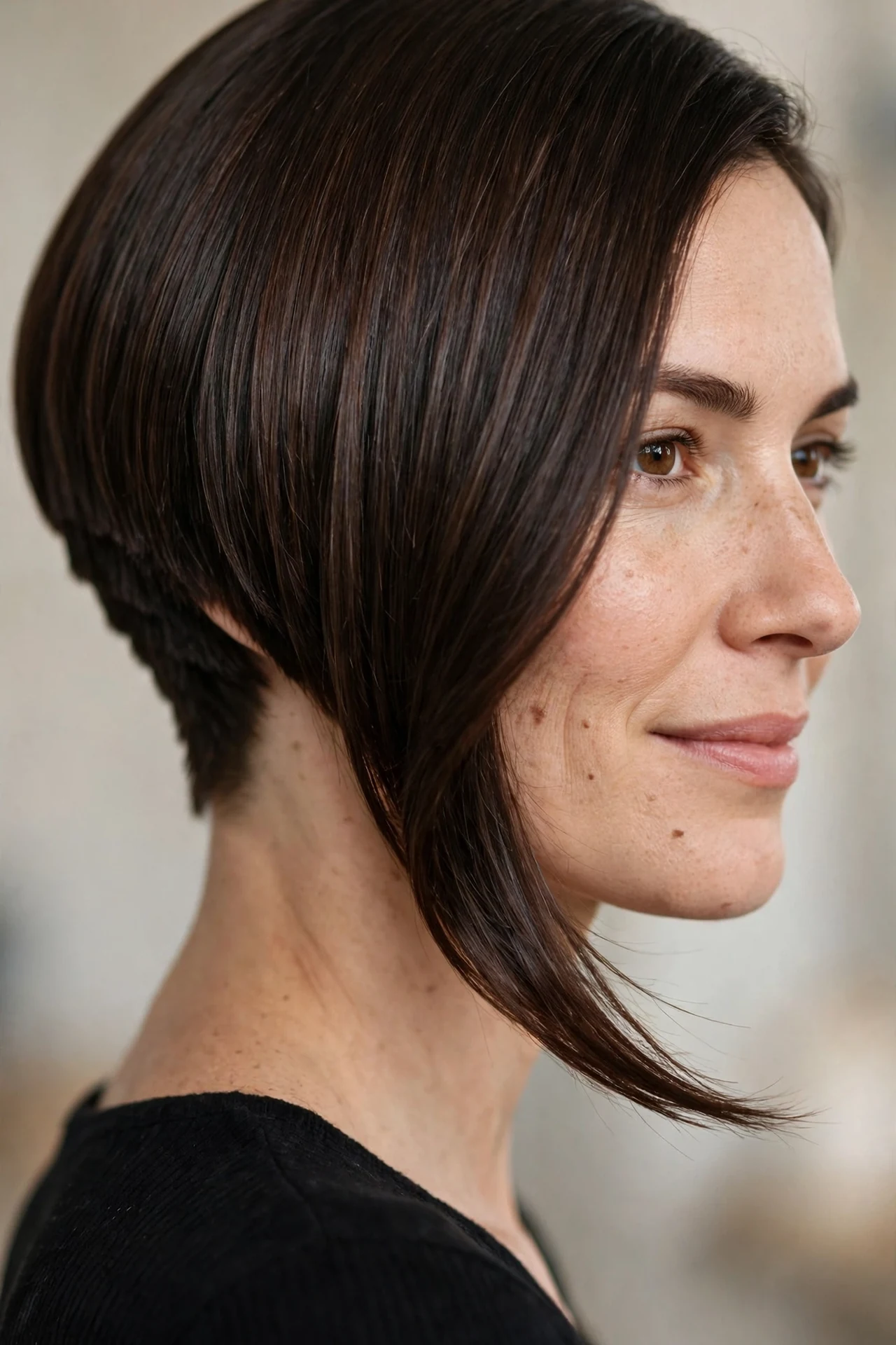 Short back long front bob with a sleek angled cut, longer pieces framing the face