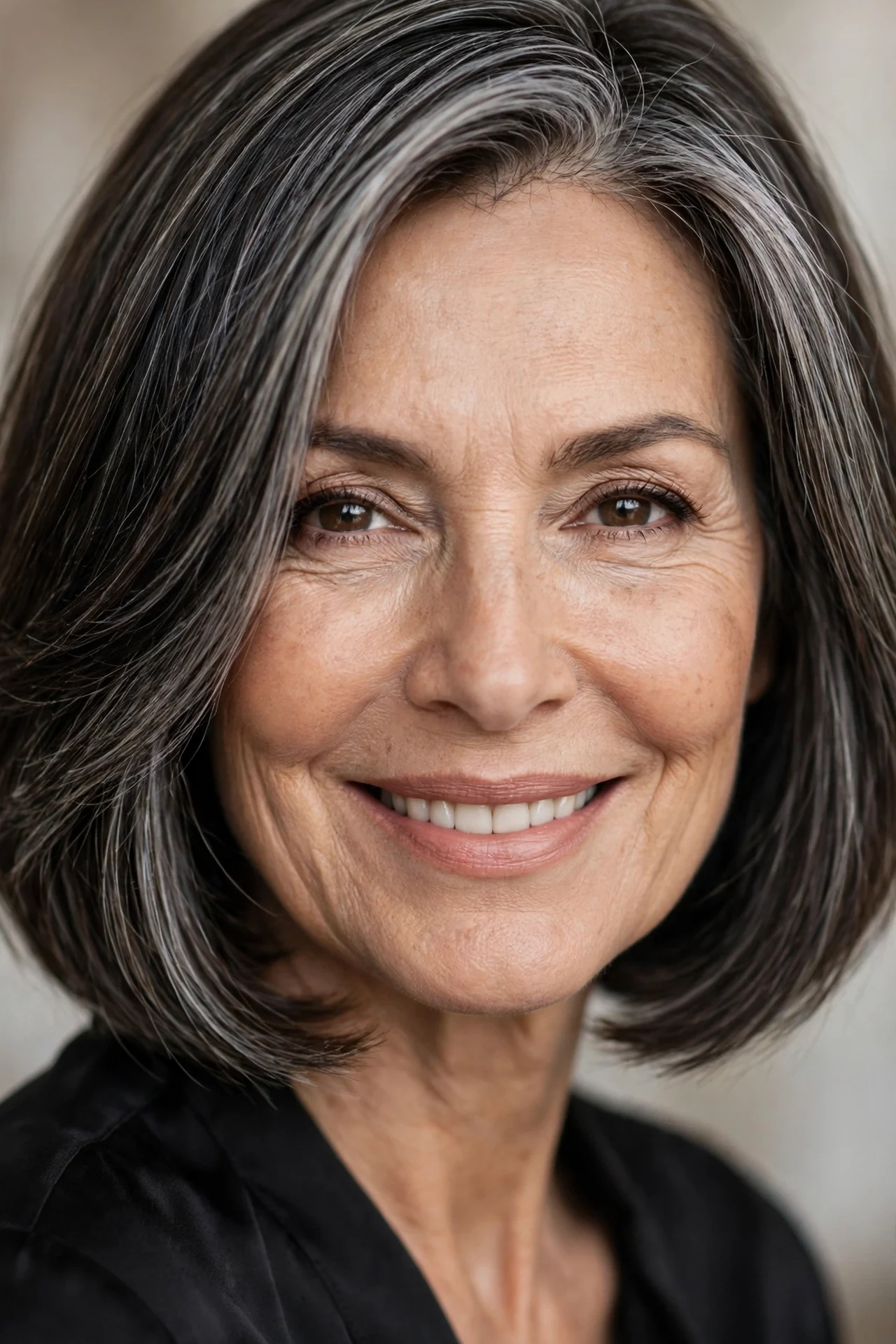 Elegant angled bob for women over 50 with soft face framing