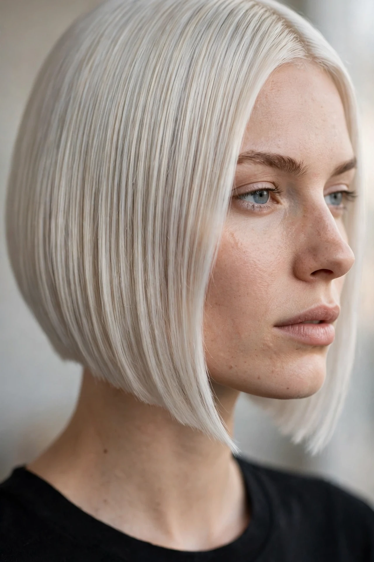 Platinum blonde angled bob with sharp clean lines