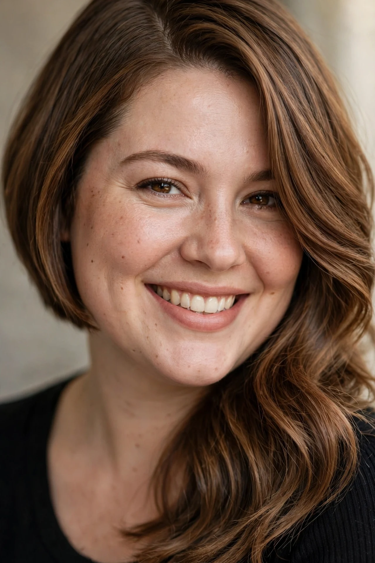 Angled bob on a round face with elongating front pieces
