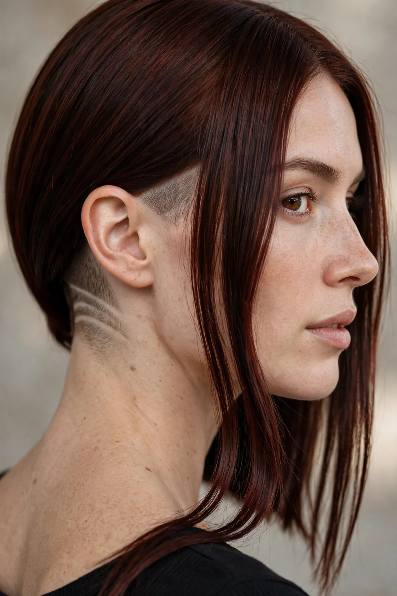Angled bob with a shaved nape design detail