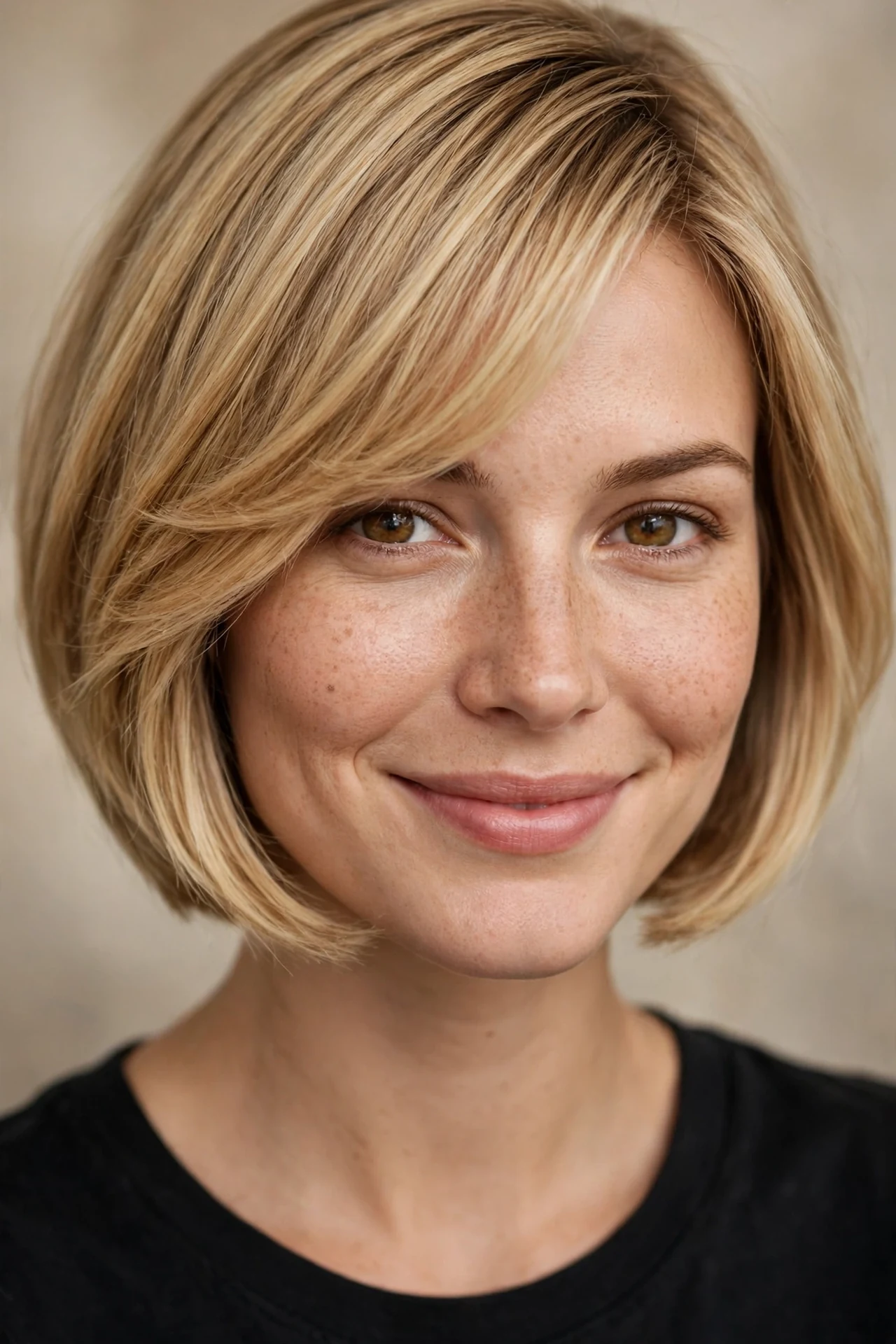 Angled bob with side swept bangs, honey blonde hair