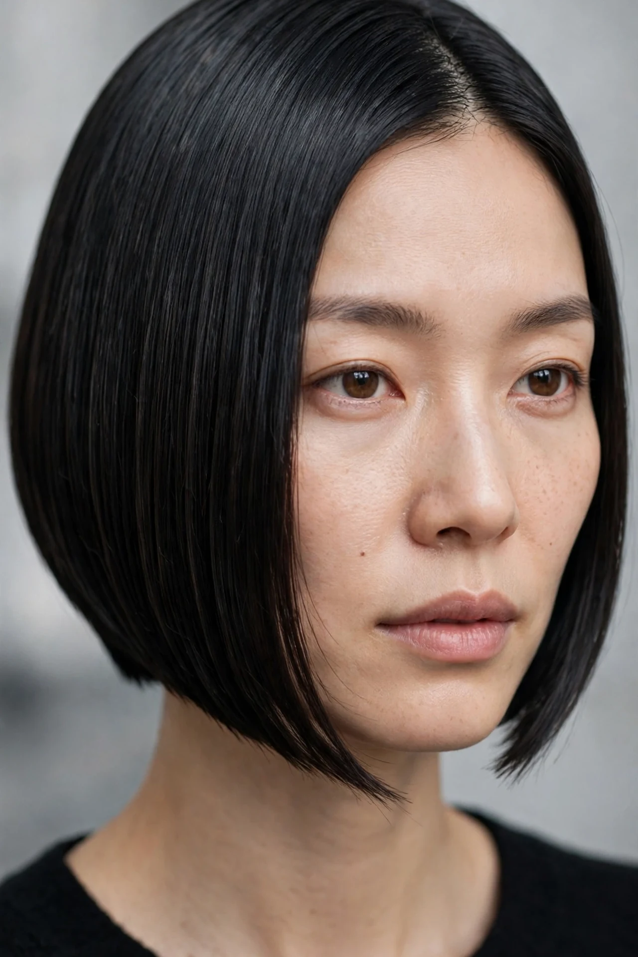 Sleek glass hair angled bob with mirror shine, jet black