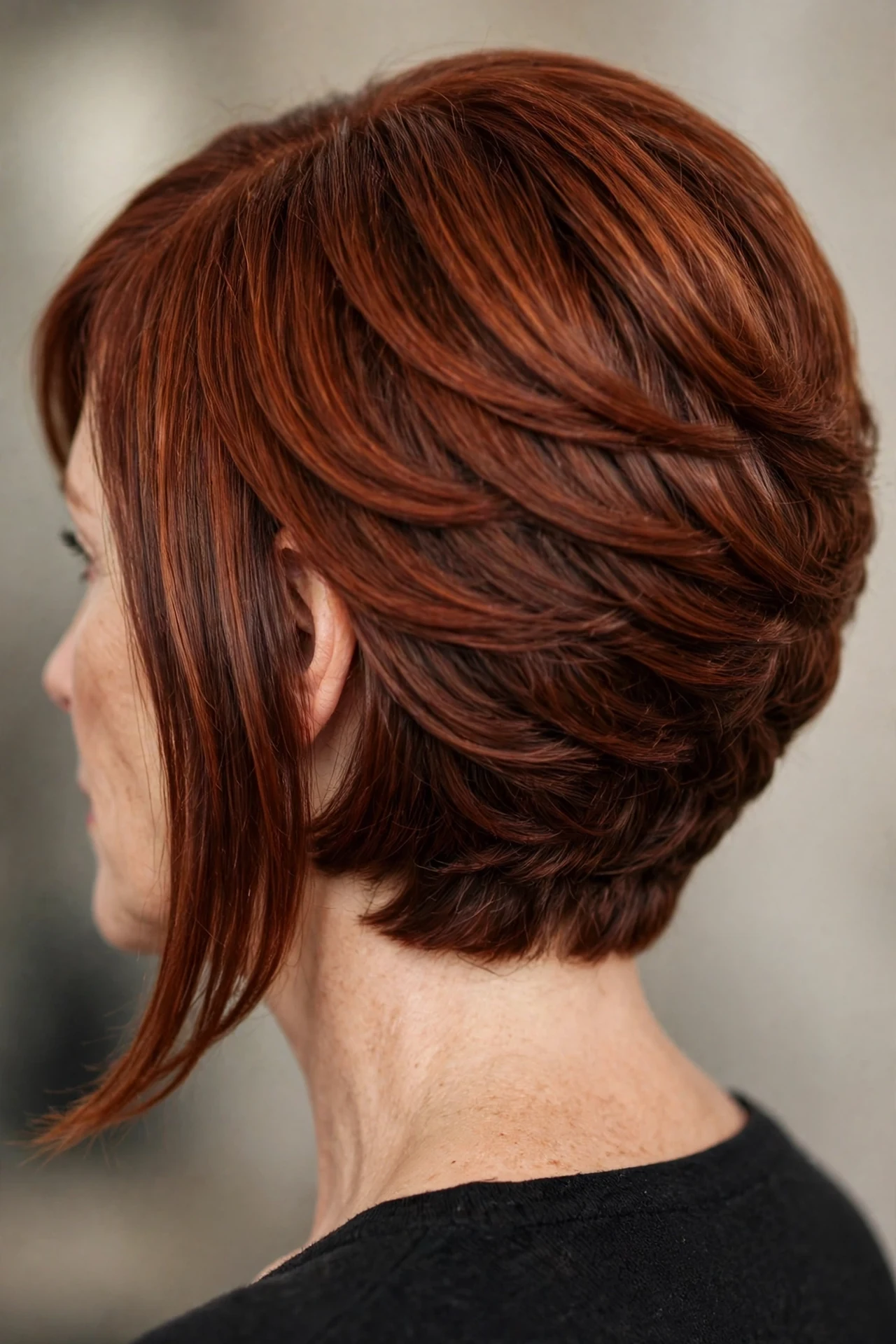Stacked angled bob with graduated volume at the nape
