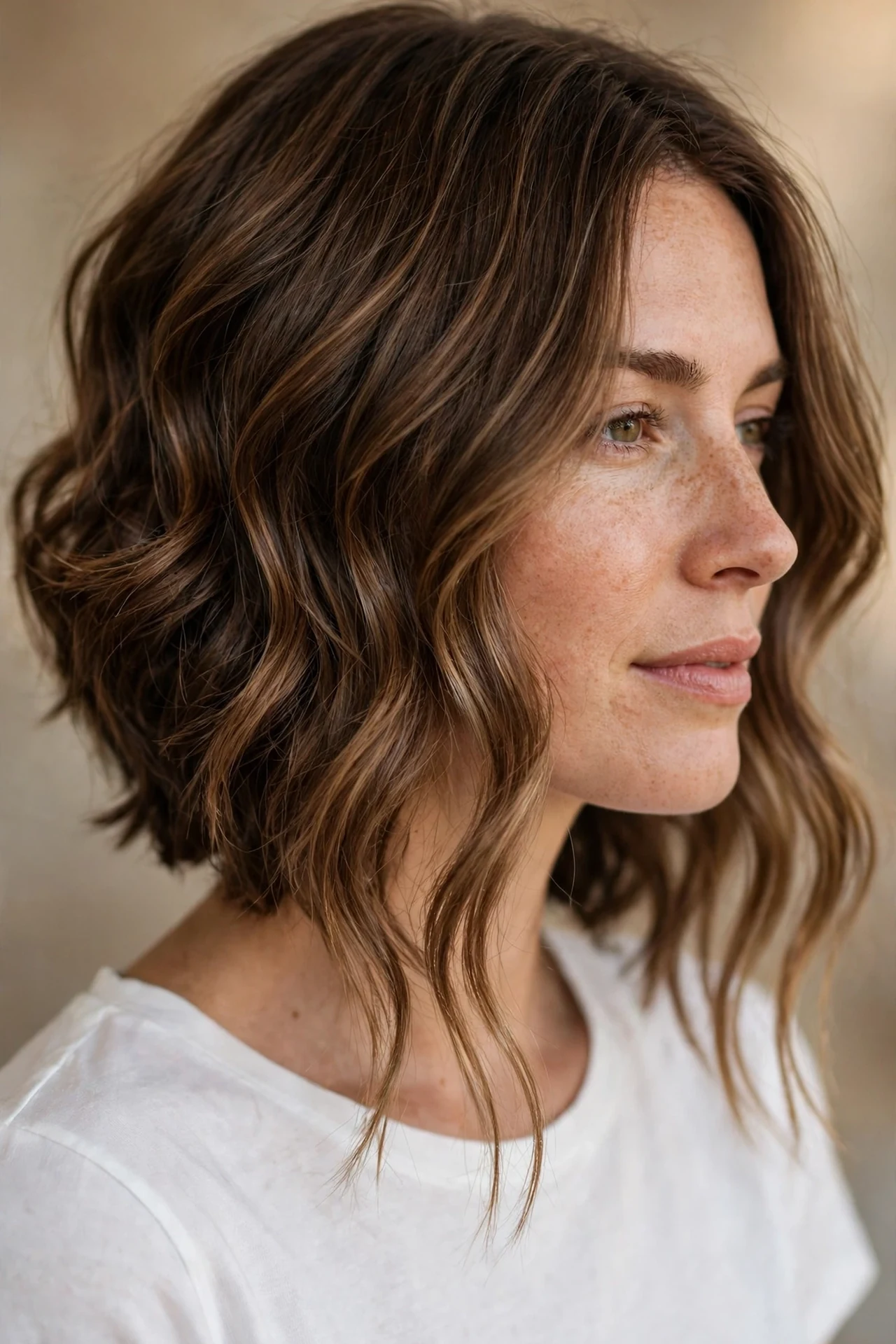 Wavy angled bob with soft bends, brunette hair