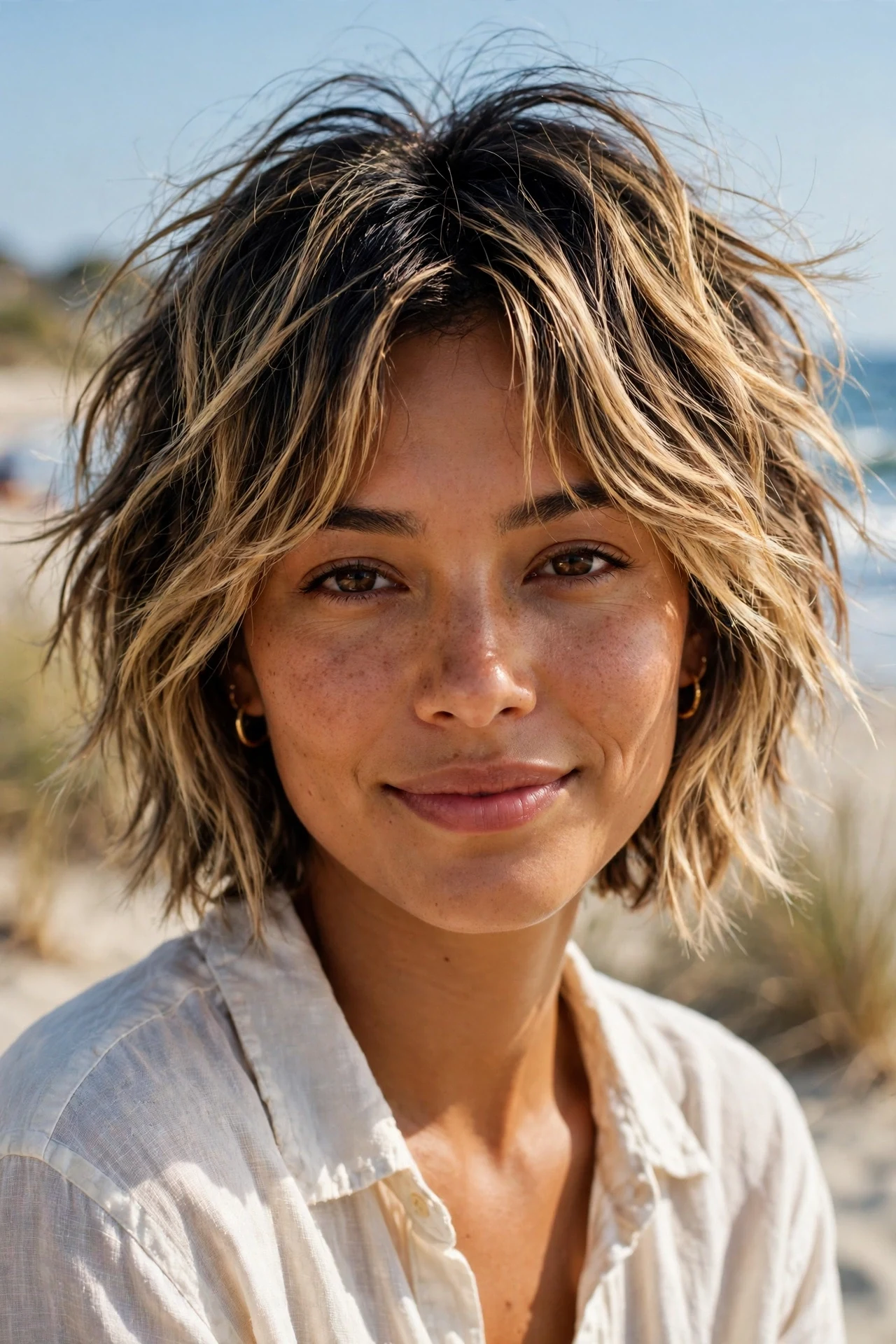 Shaggy french bob with blonde balayage adding dimension to the layers
