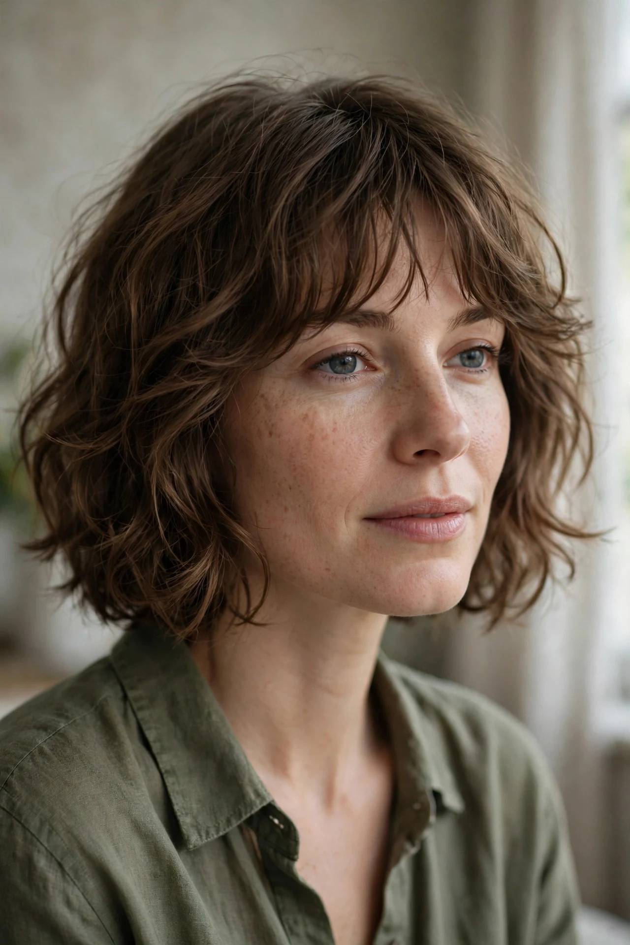 Classic shaggy french bob with soft shattered layers and brow grazing fringe