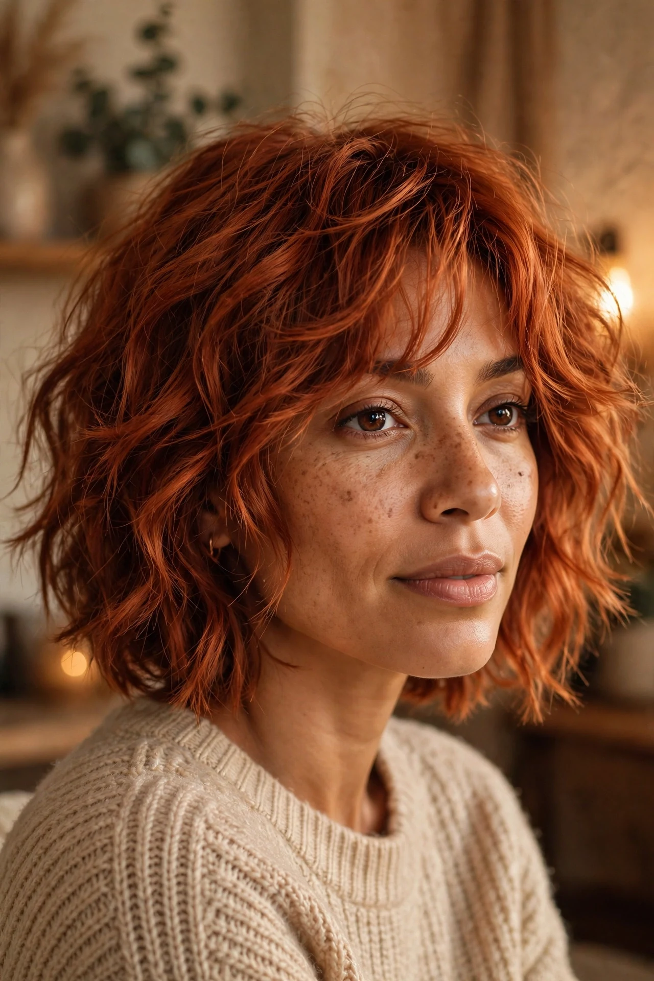 Copper colored shaggy french bob with warm tones and layered texture