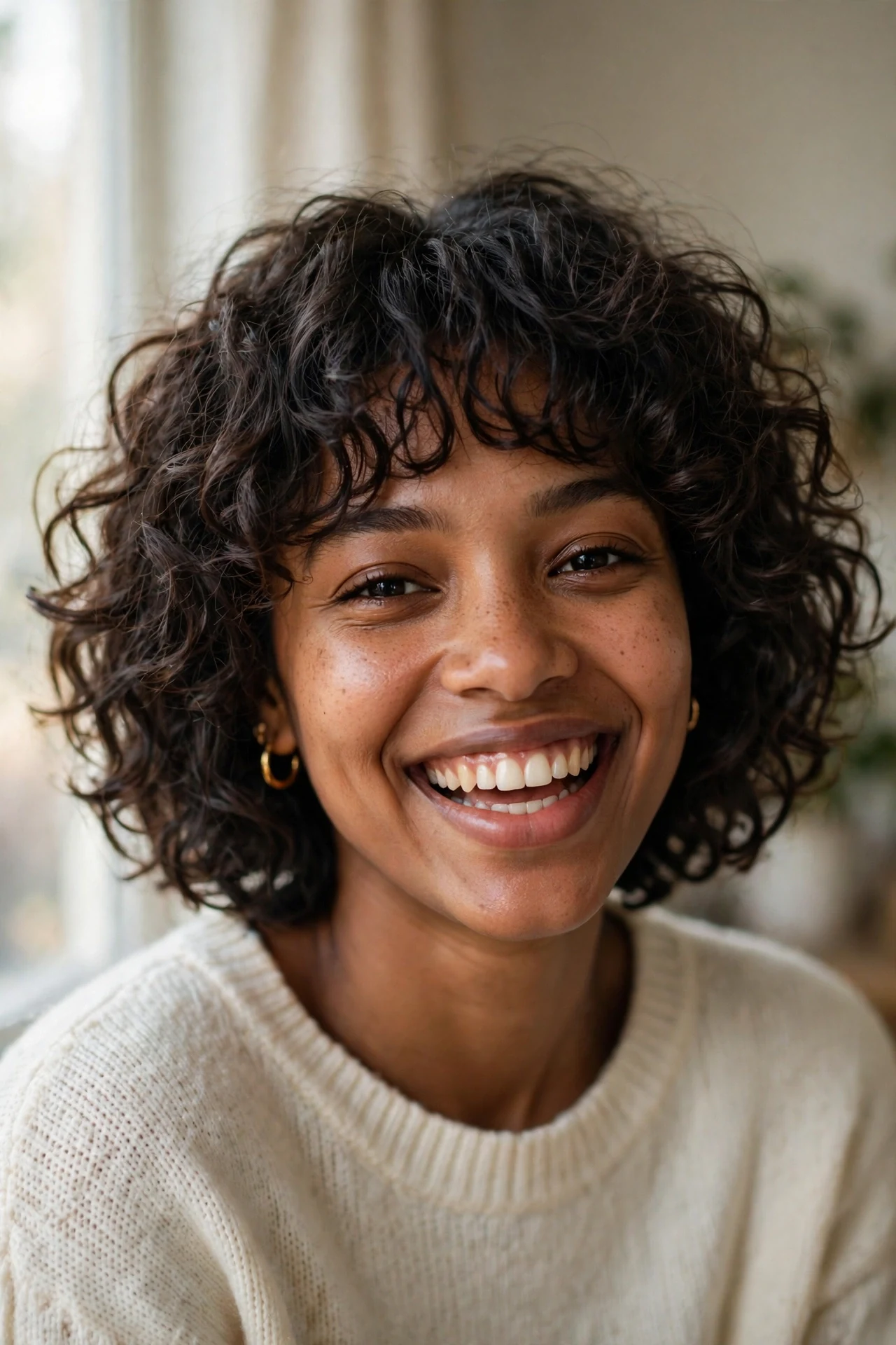 Curly shaggy french bob embracing natural curls with layered shape
